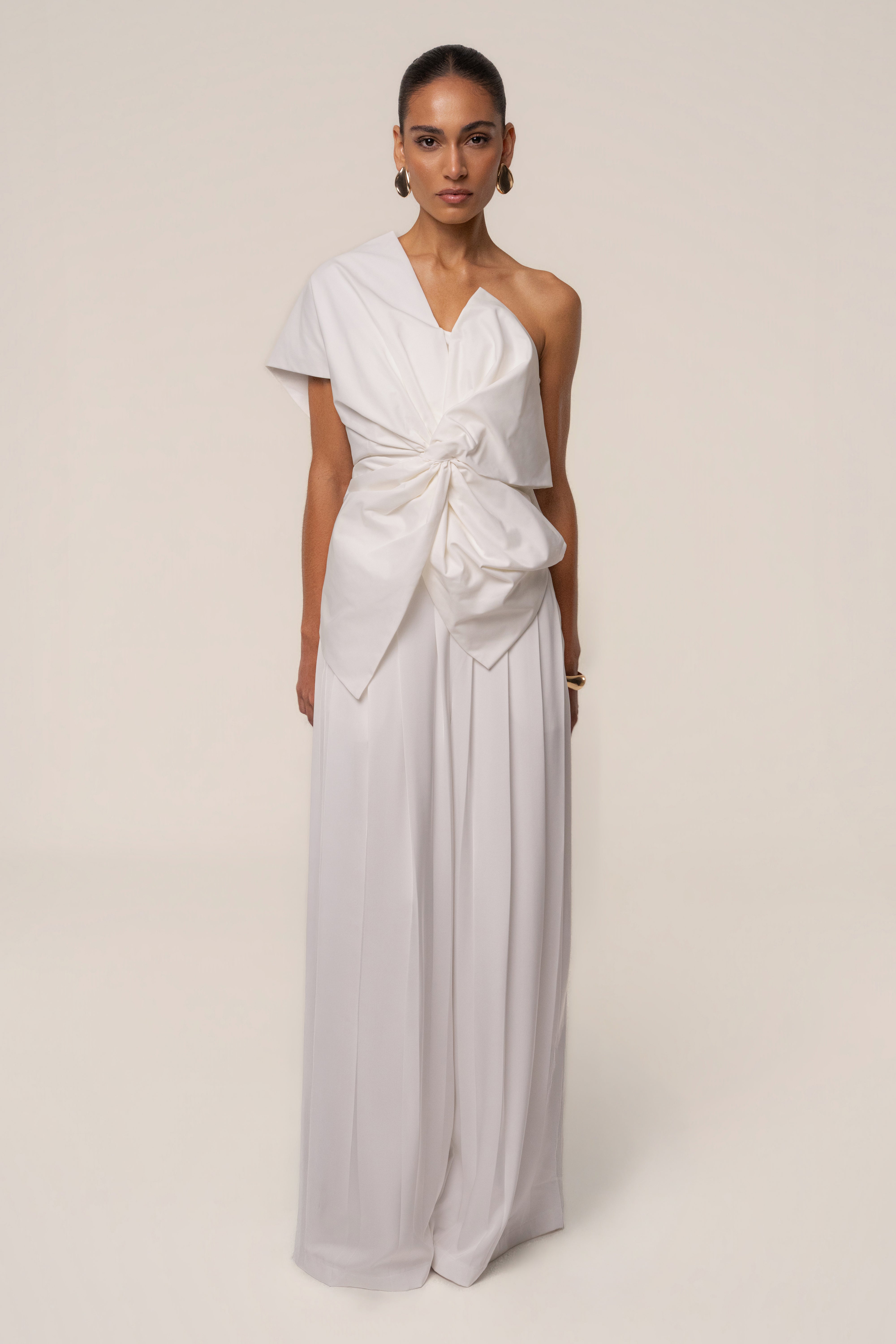 White art-inspired blouse from JLUXLABEL, stylish women's top with elegant design and lightweight fabric.