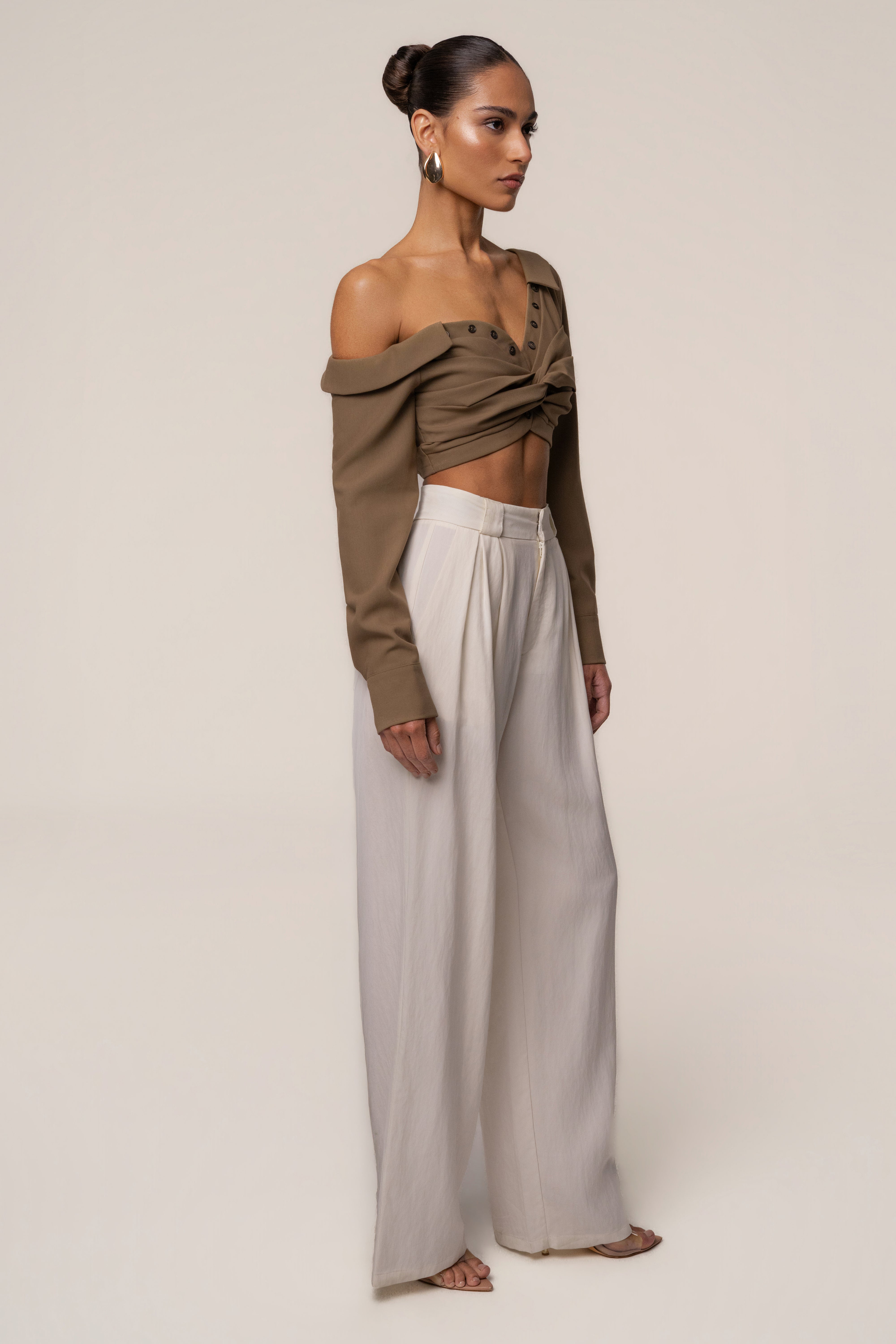 Olive Off-Shoulder Twist Crop Top - JLUXLABEL