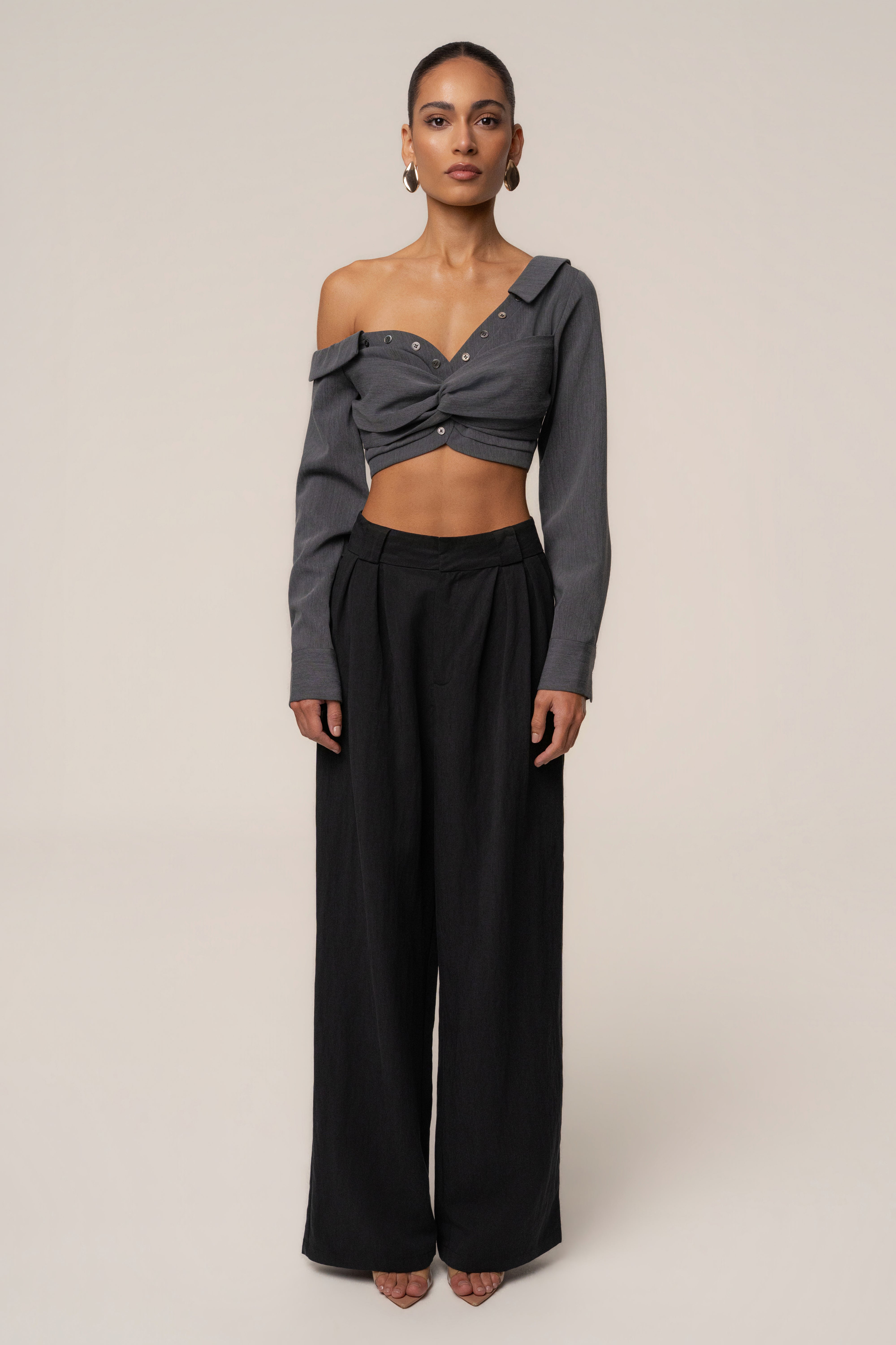 Grey Off-Shoulder Twist Crop Top