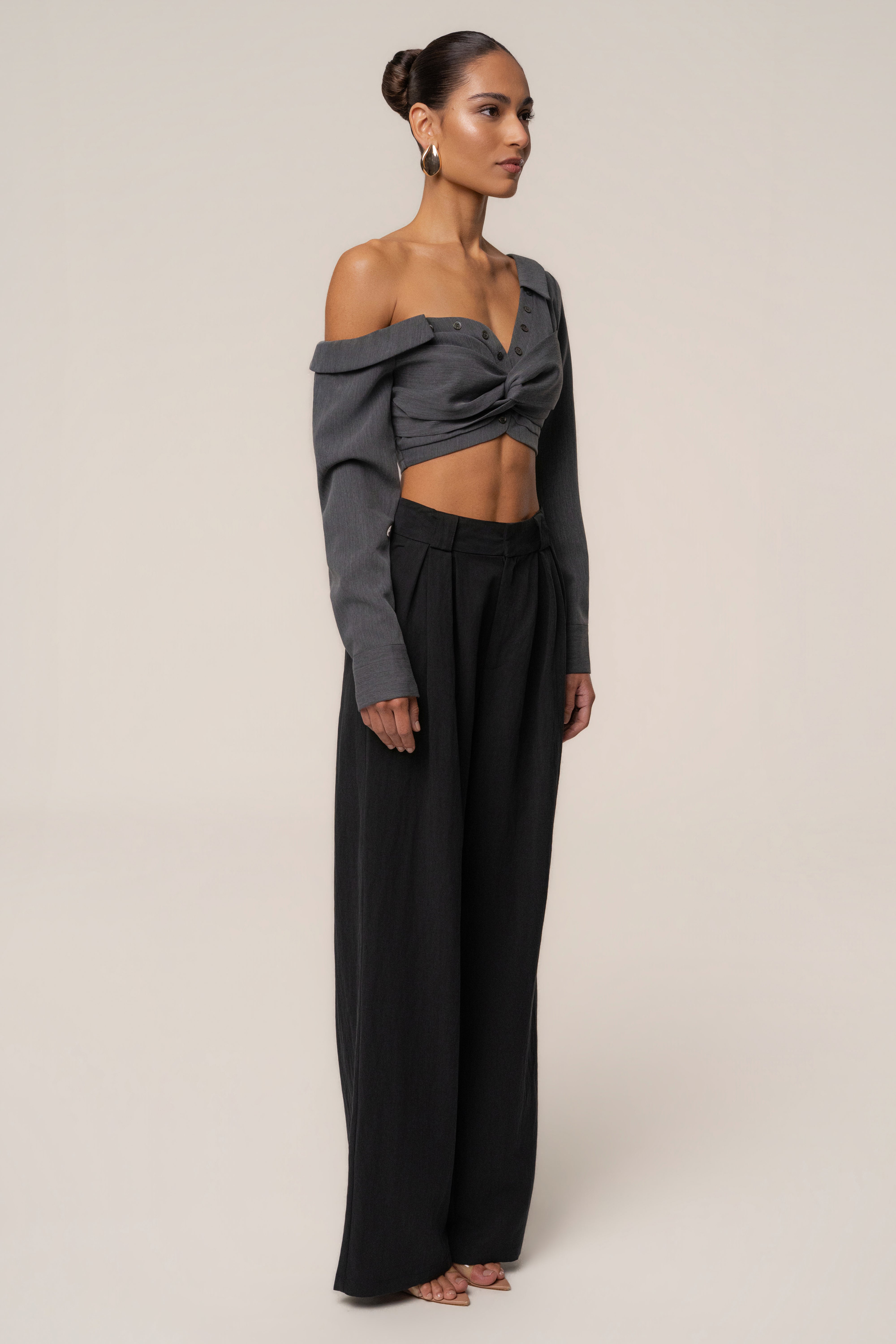 Grey Off-Shoulder Twist Crop Top