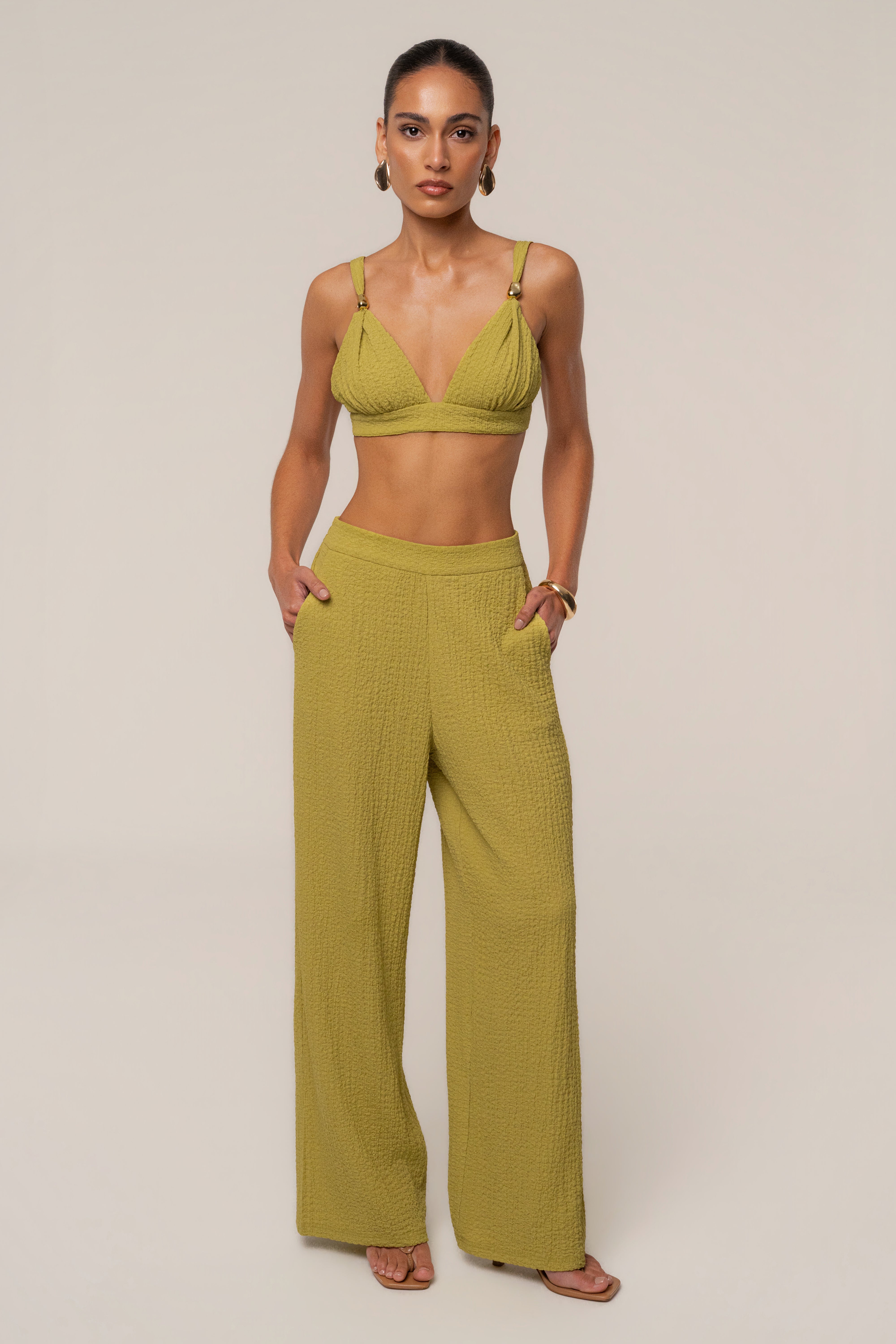 Lime Unwind Textured Pants - JLUXLABEL