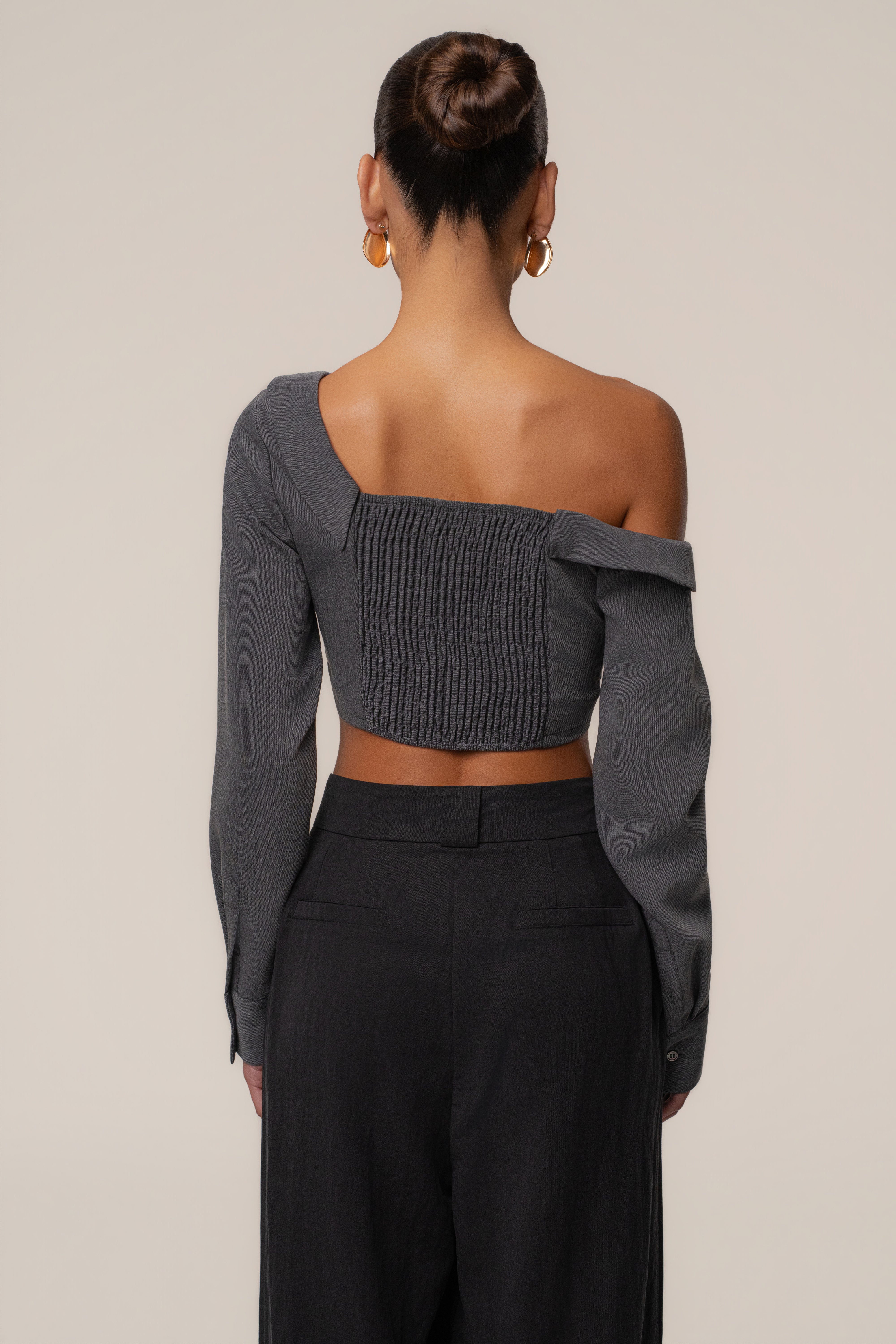 Grey Off-Shoulder Twist Crop Top - JLUXLABEL