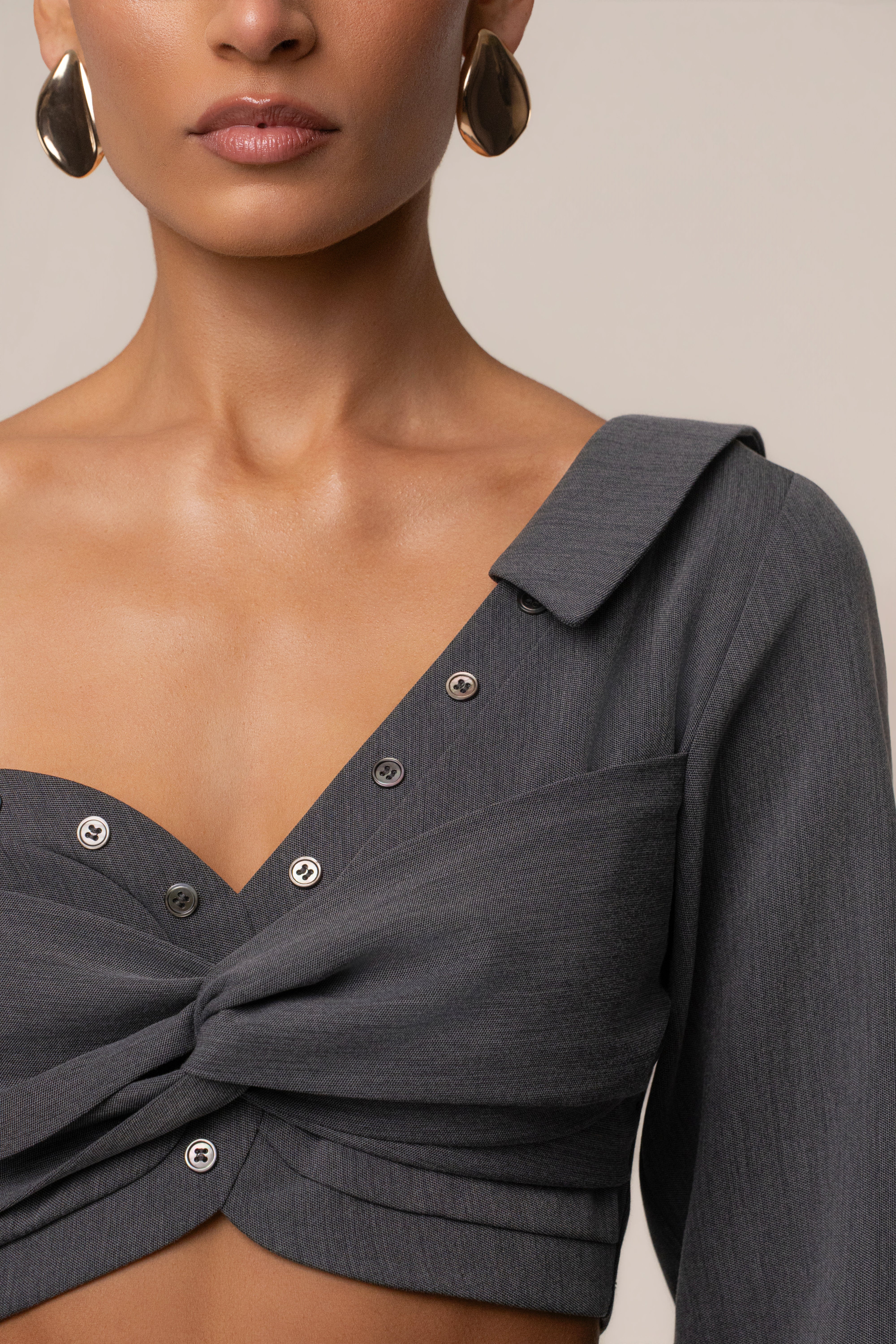 Grey Off-Shoulder Twist Crop Top - JLUXLABEL