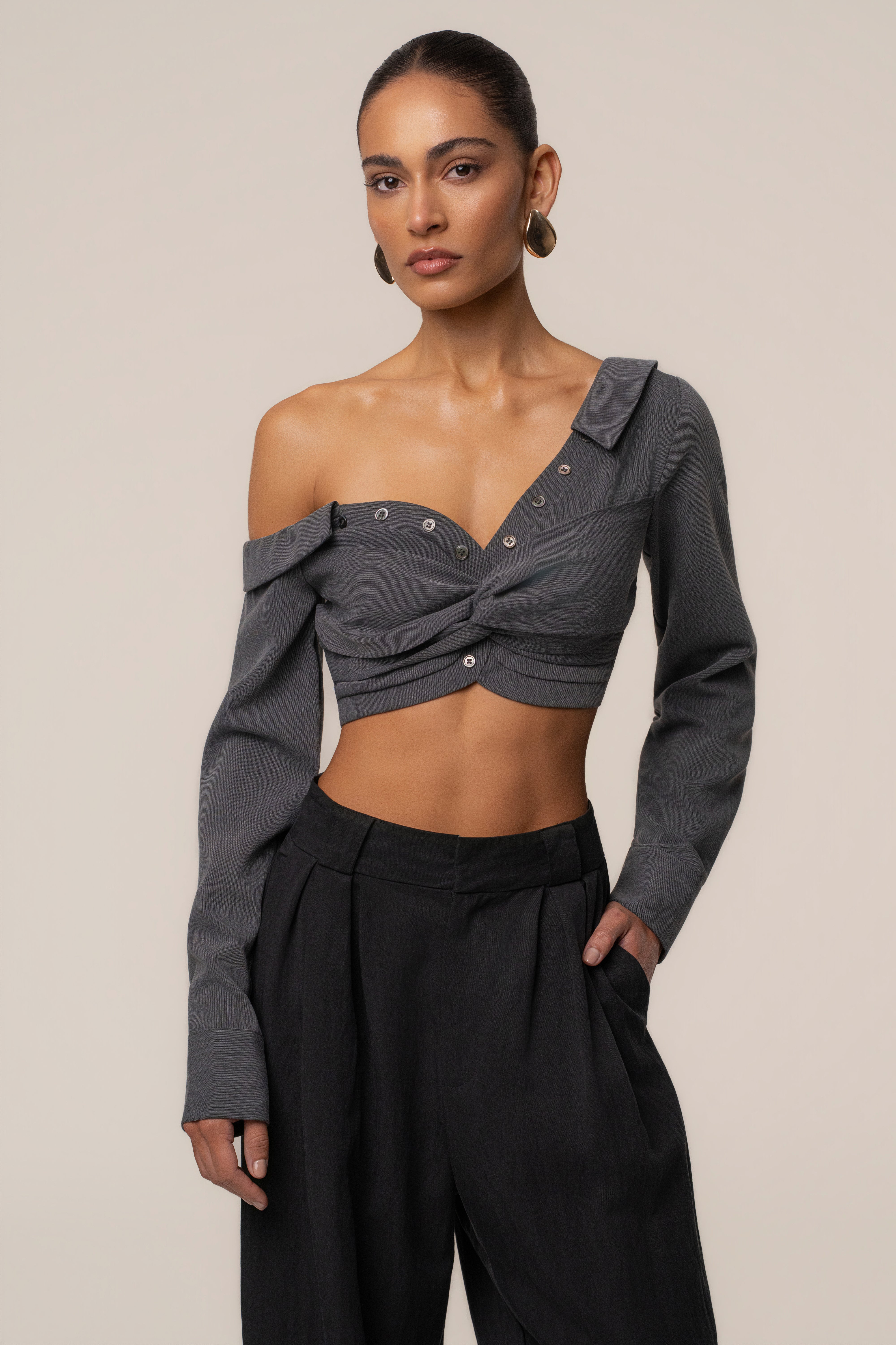 Grey Off-Shoulder Twist Crop Top Grey Off-Shoulder Twist Crop Top
