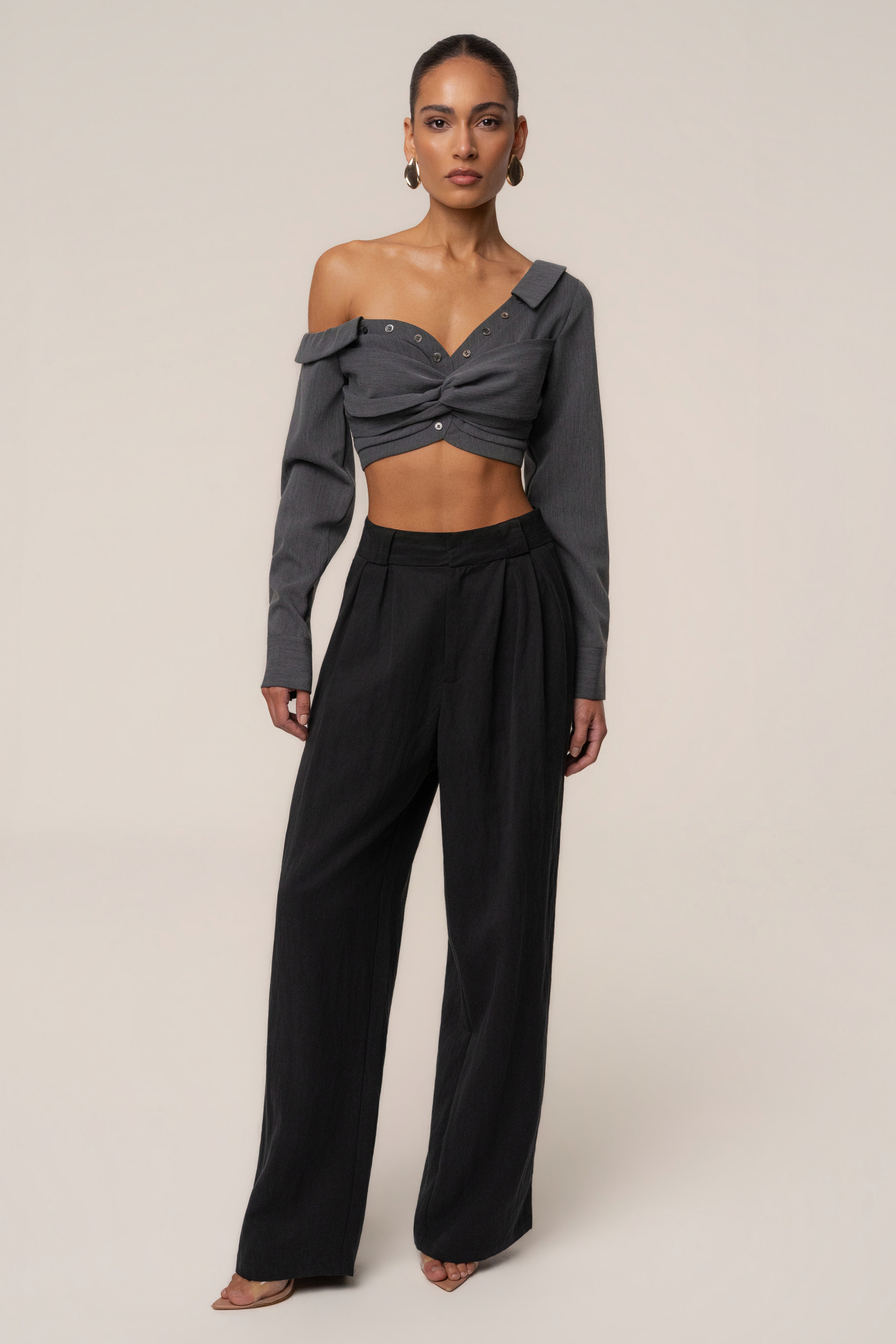 Grey Off-Shoulder Twist Crop Top - JLUXLABEL