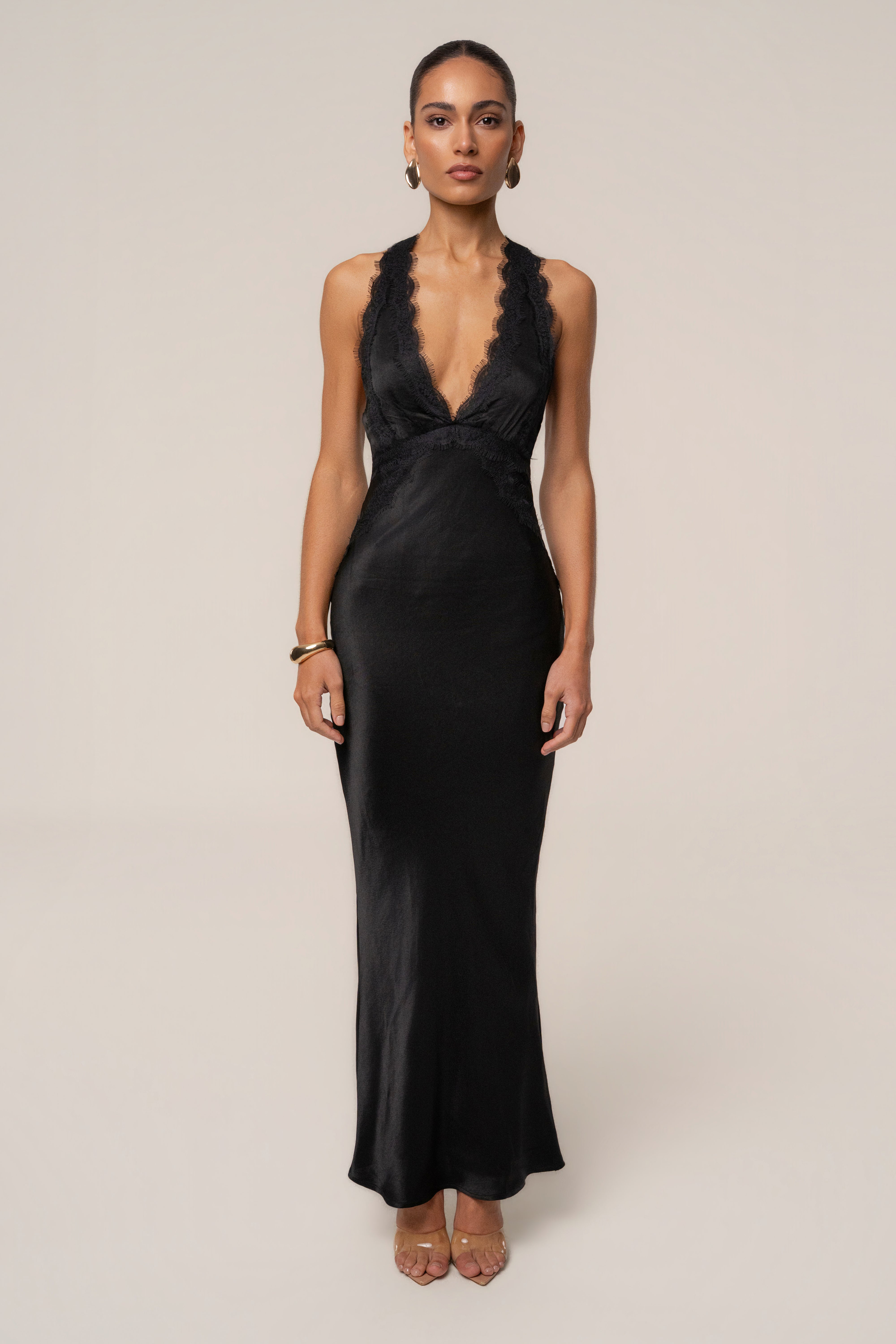 Black Satin Evenings Maxi Dress