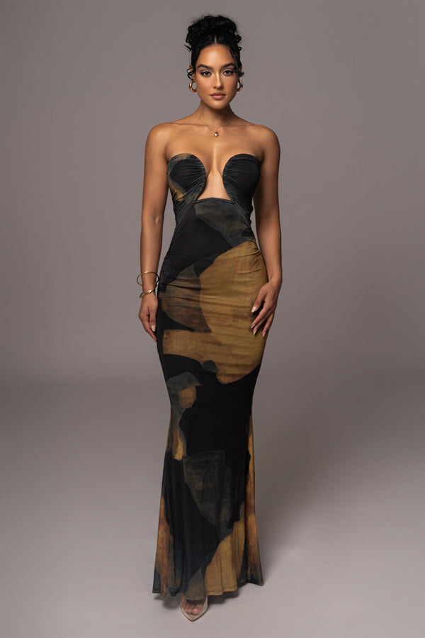 Black Abstract Bethany Strapless Maxi Dress - JLUXLABEL
