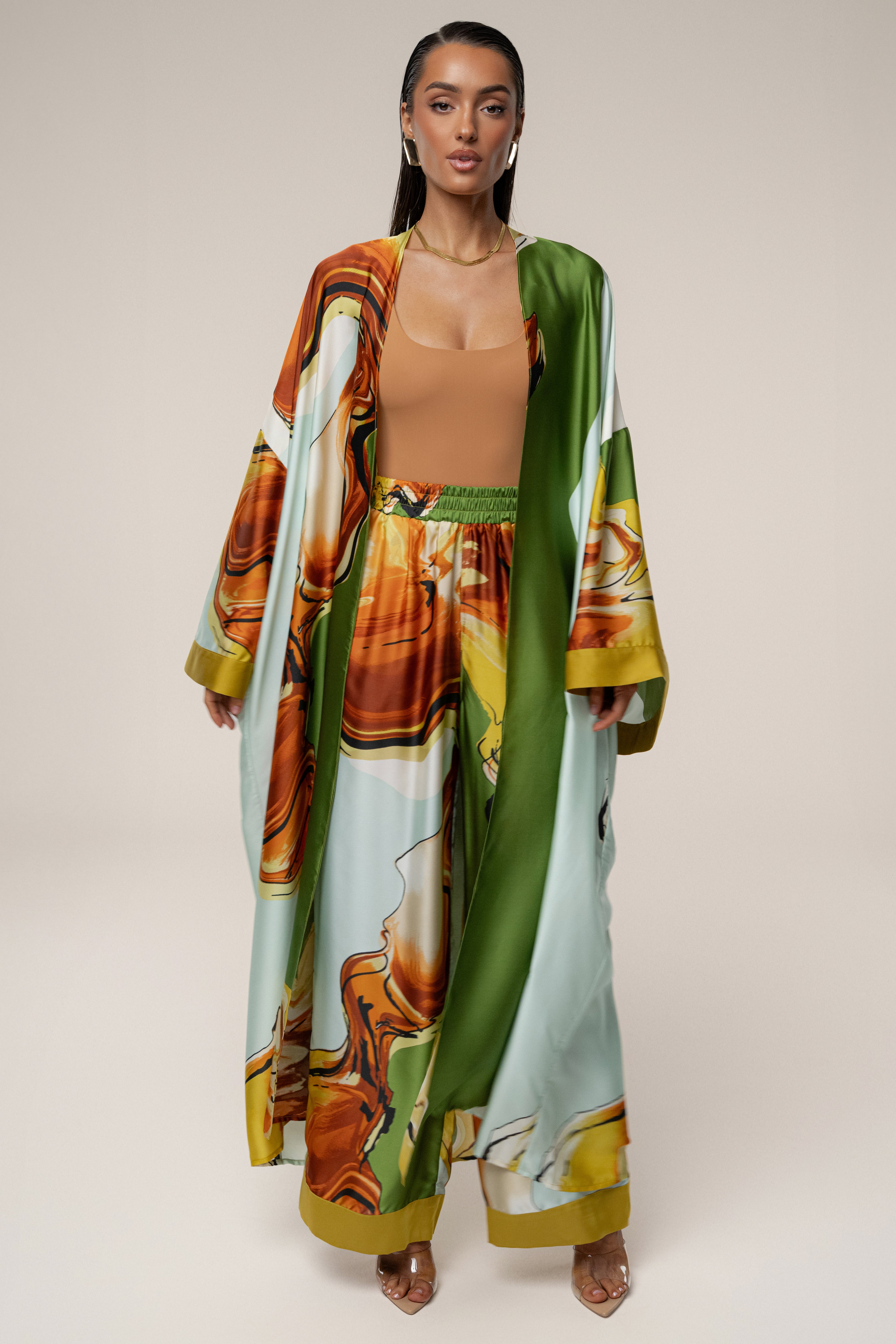 Green Tropical Print Nola Maxi Duster - JLUXLABEL