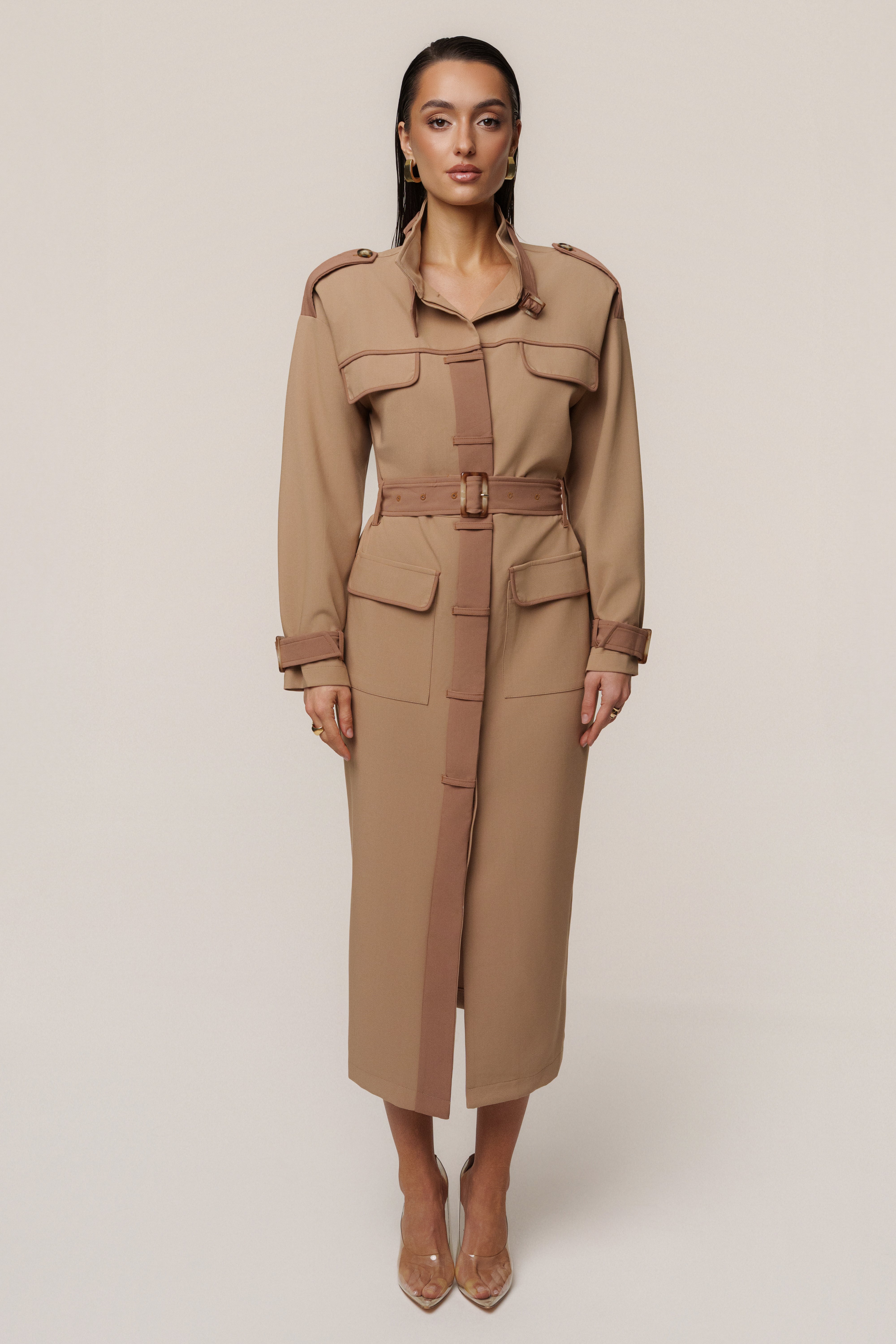 Beige Icon Belted Midi Dress - JLUXLABEL