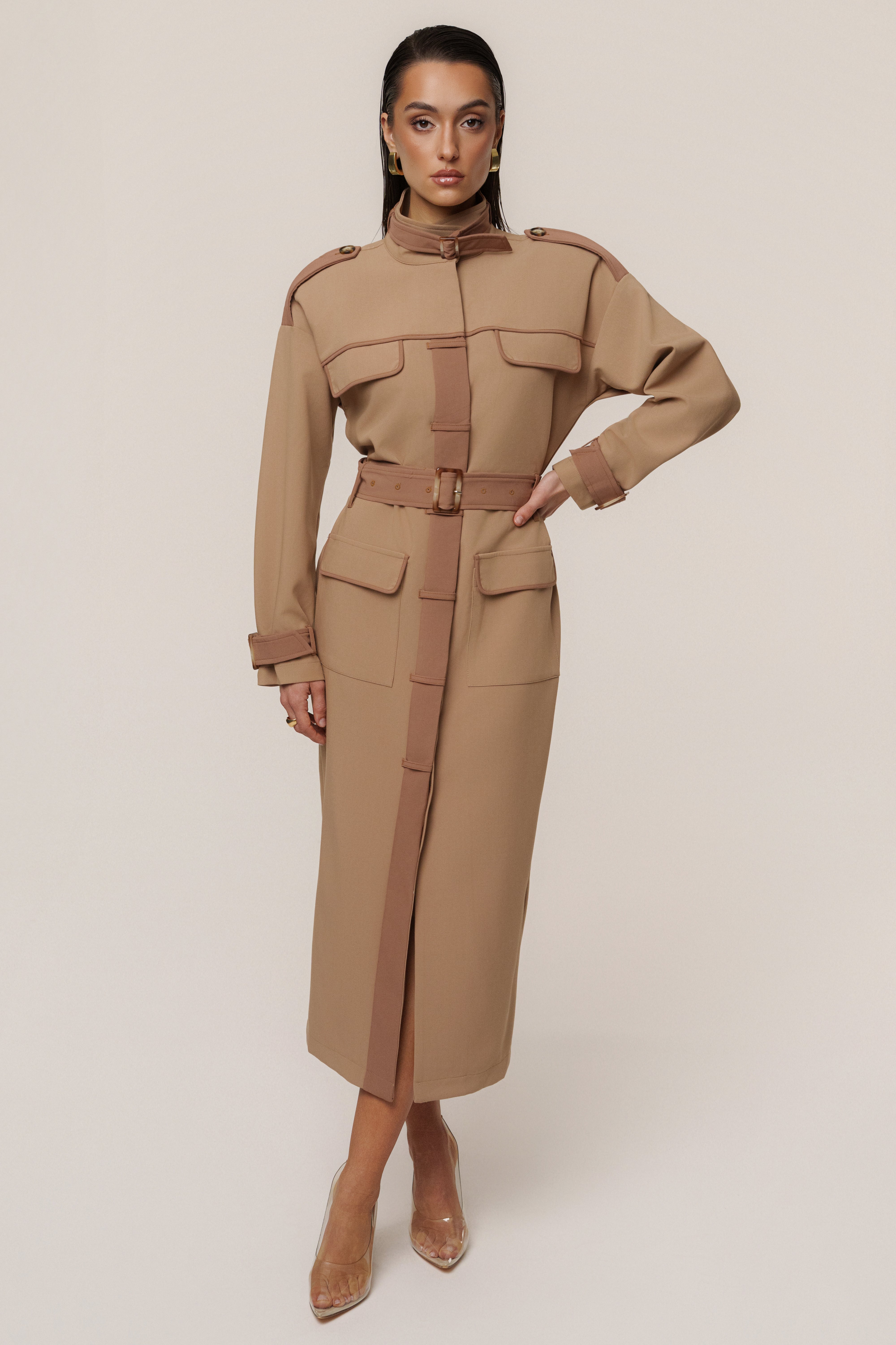 Beige Icon Belted Midi Dress - JLUXLABEL