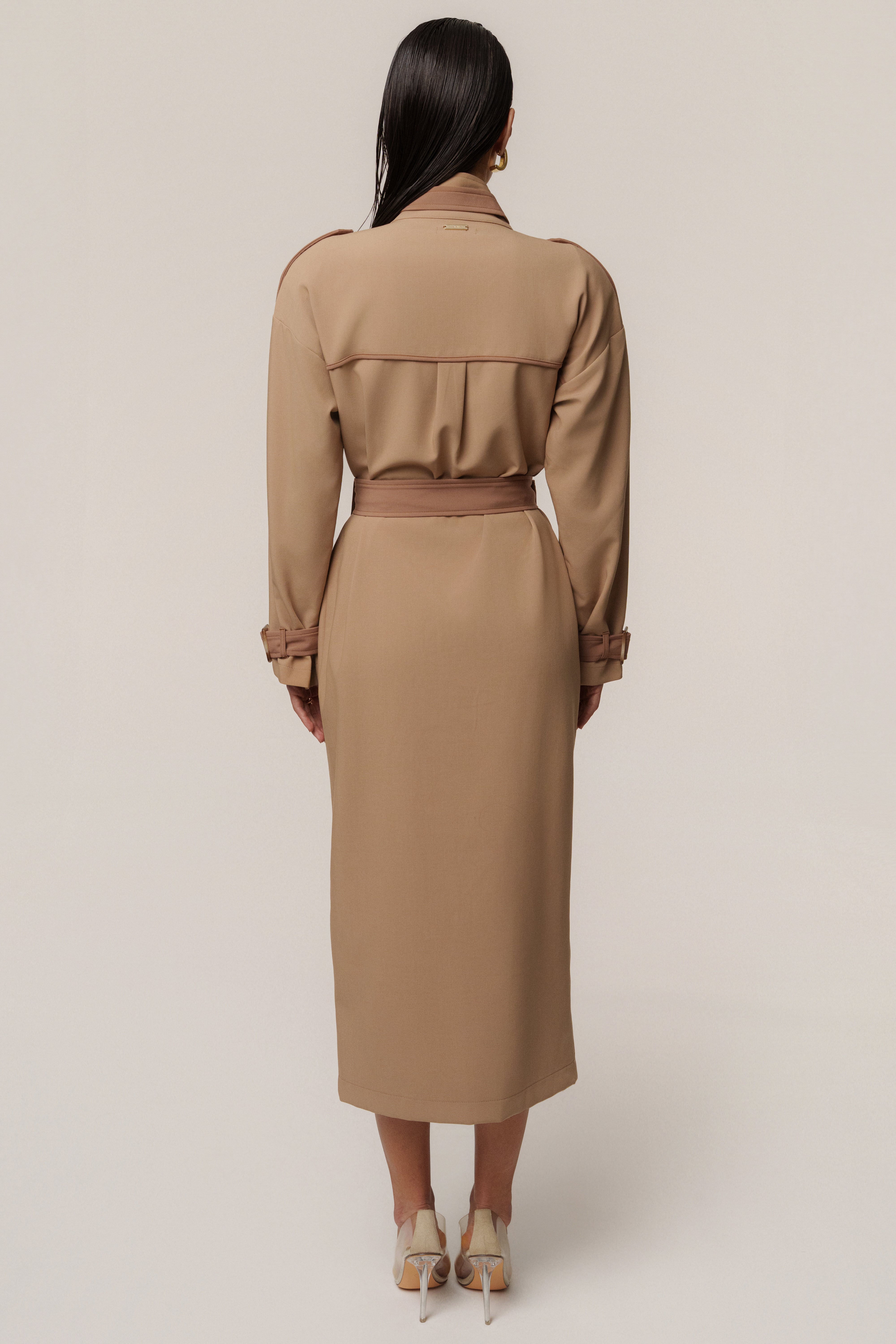 Beige Icon Belted Midi Dress - JLUXLABEL