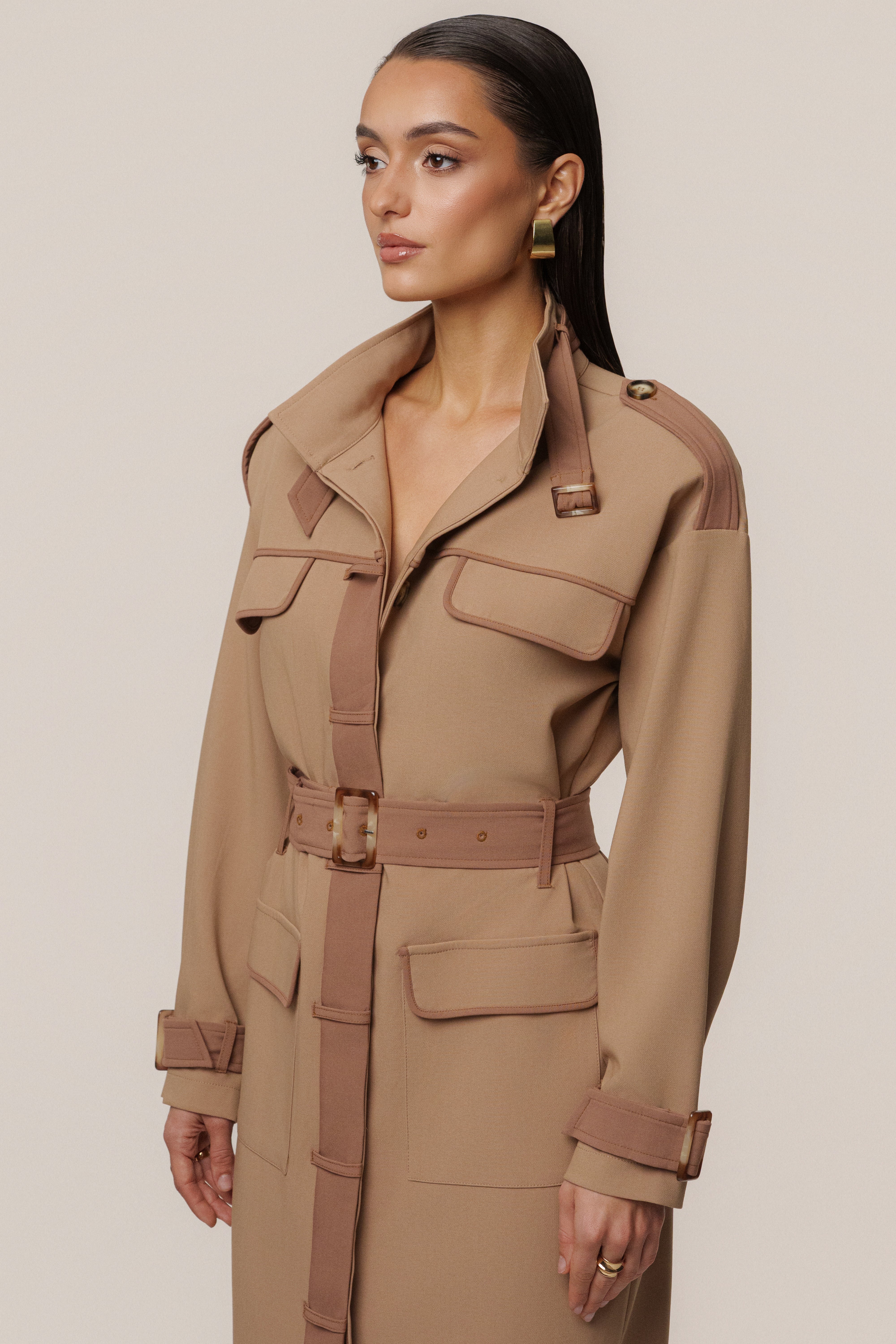 Beige Icon Belted Midi Dress - JLUXLABEL