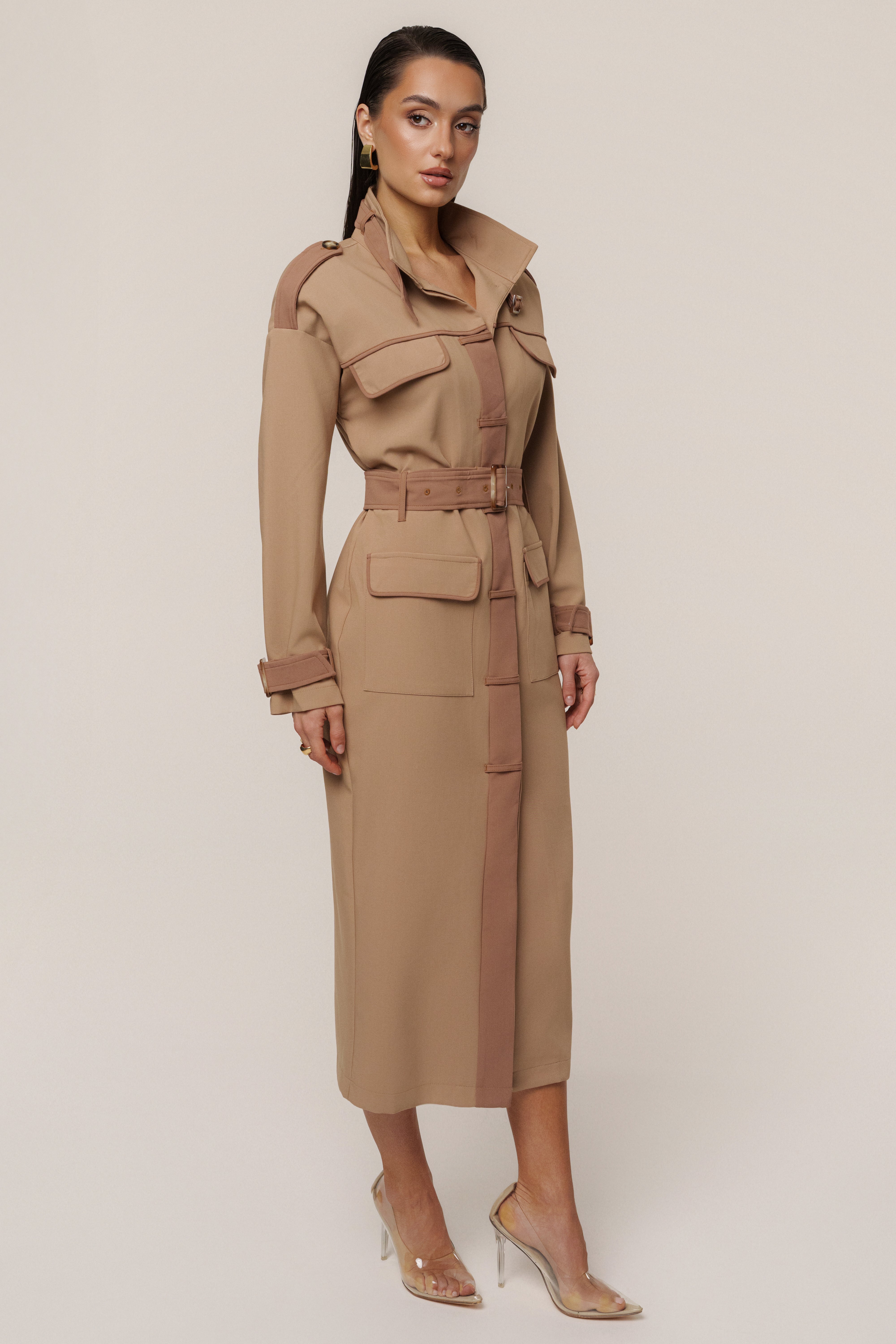 Beige Icon Belted Midi Dress - JLUXLABEL