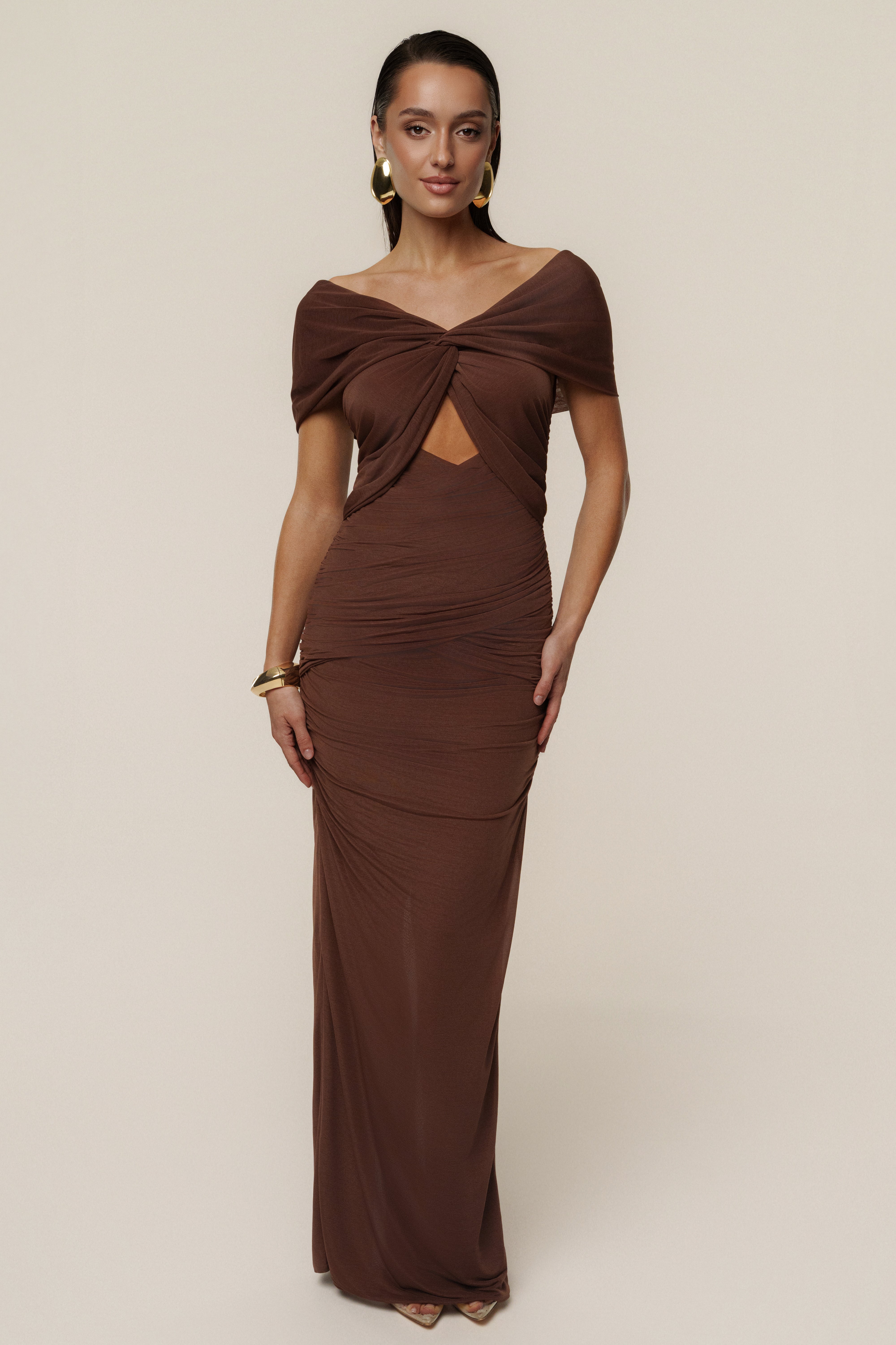 Chocolate Alessandra Off Shoulder Maxi Dress