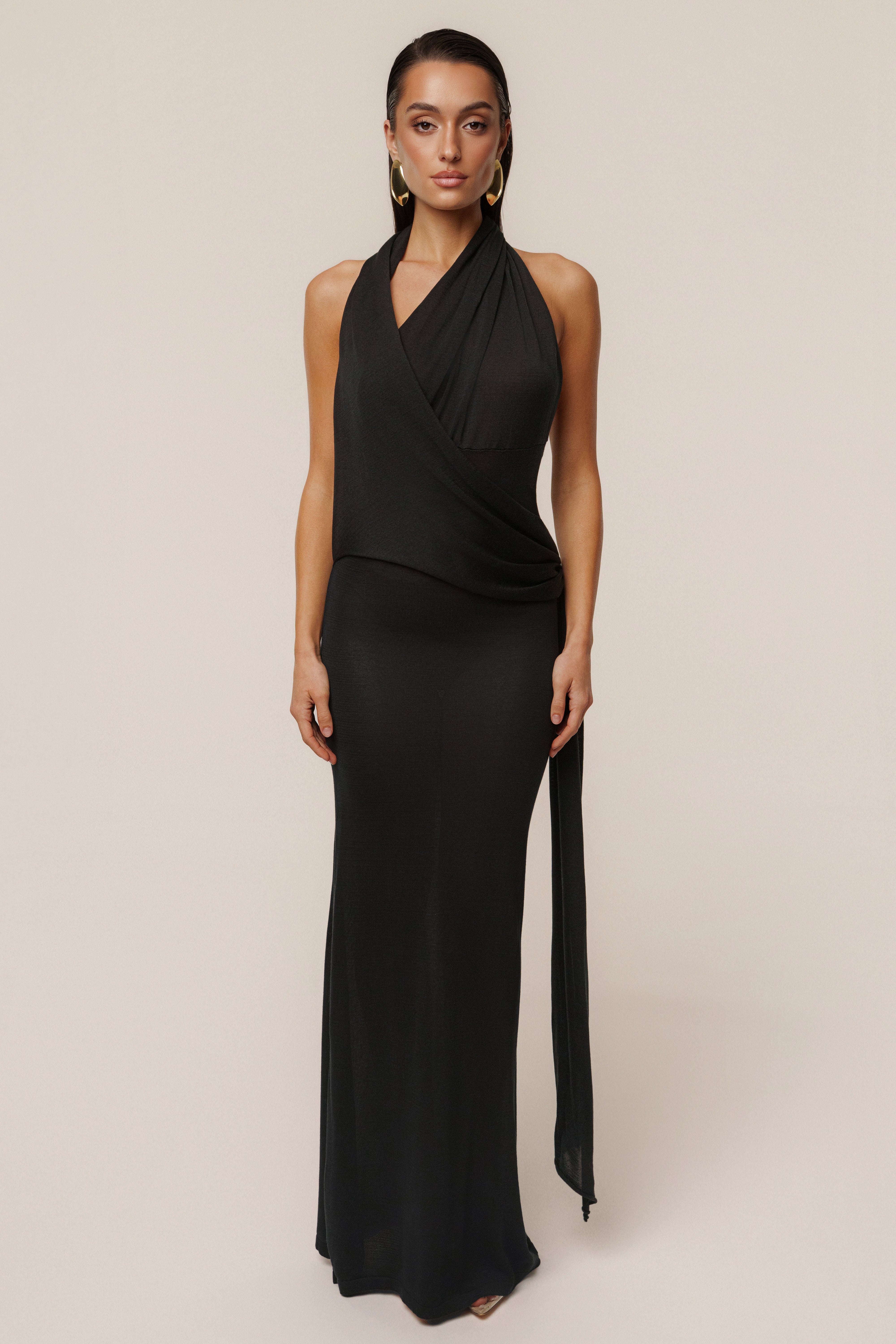 Black Miranda Draped Maxi Dress - JLUXLABEL
