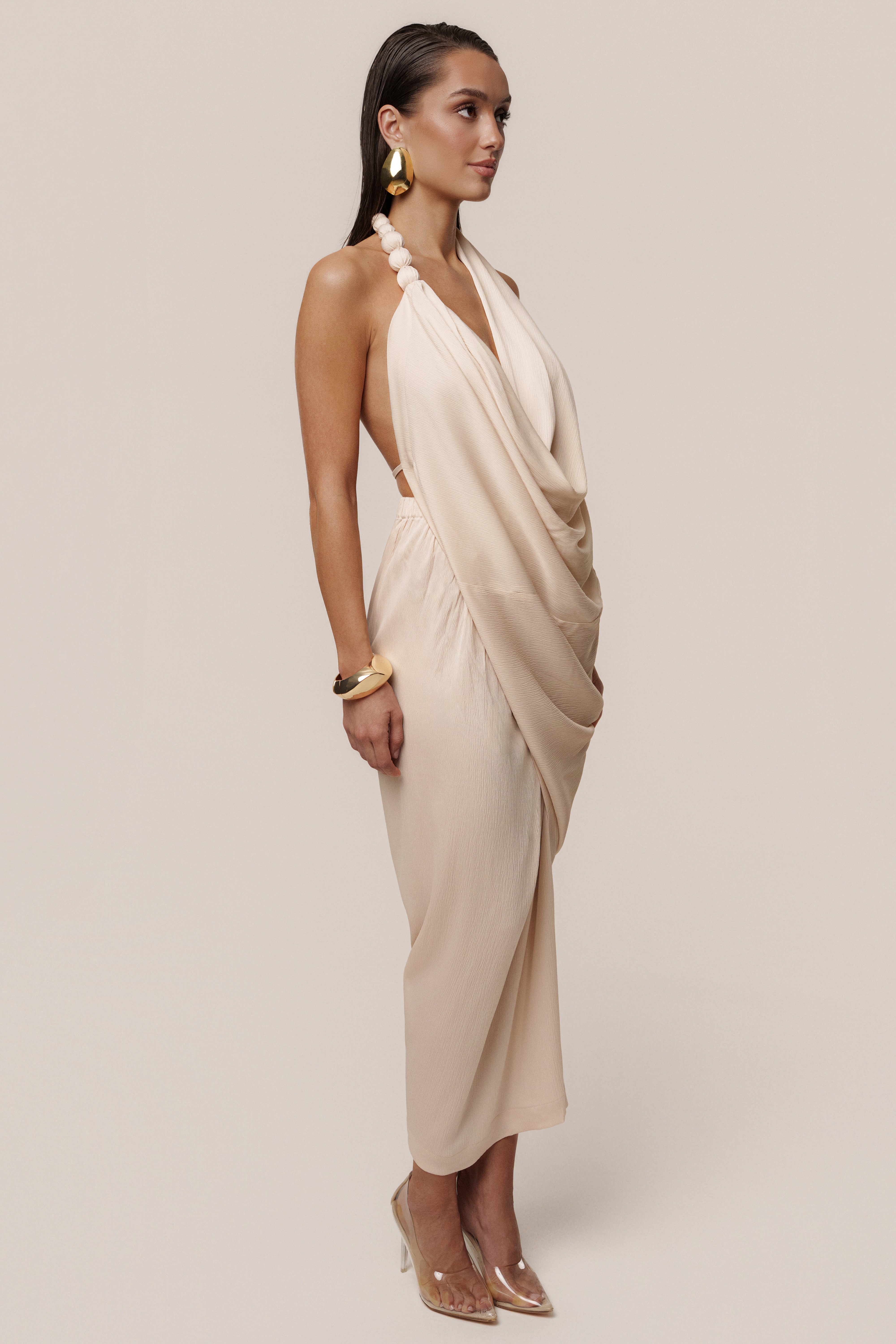 Champagne Dolce Drape Dress - JLUXLABEL
