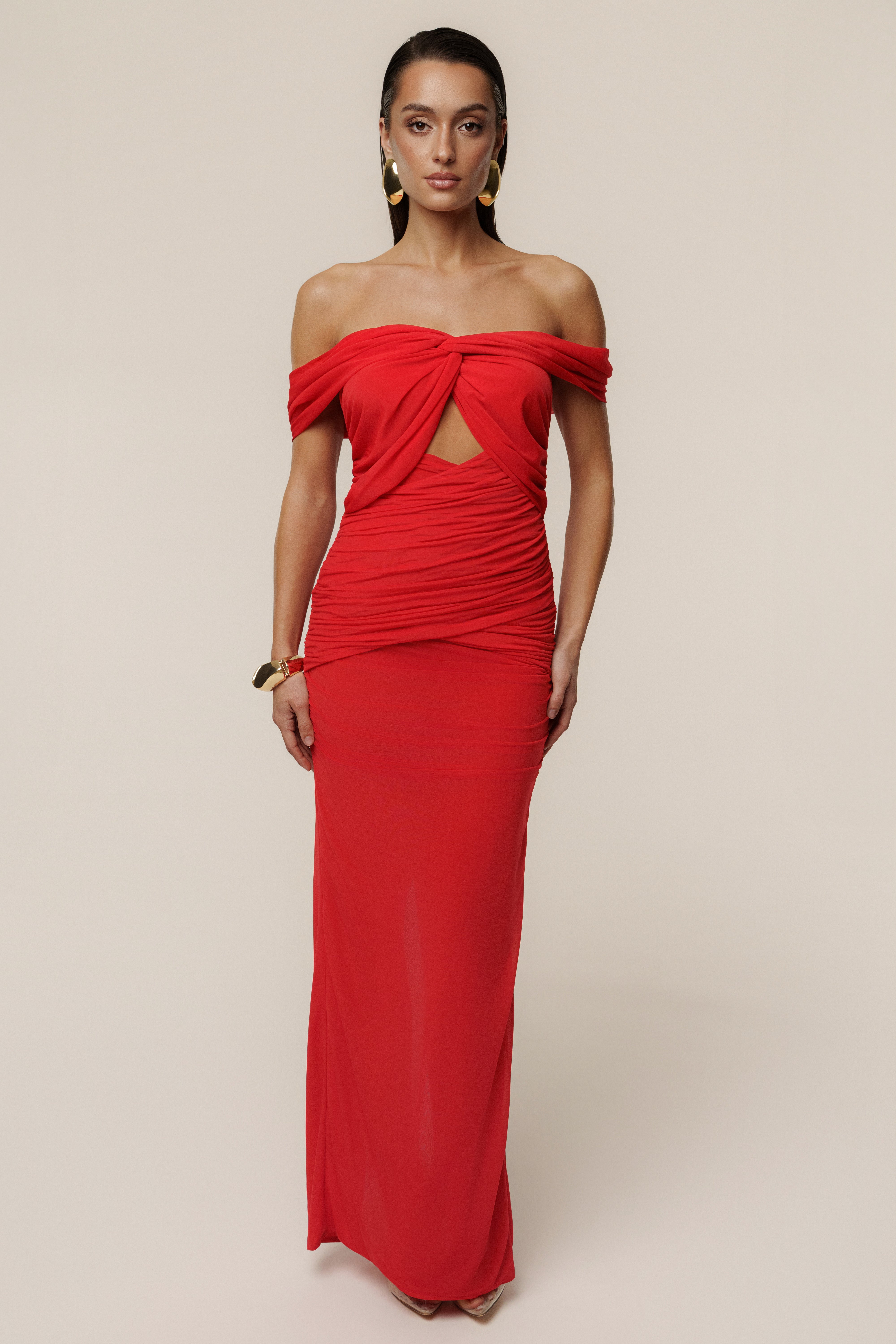 Red Alessandra Off Shoulder Maxi Dress - JLUXLABEL