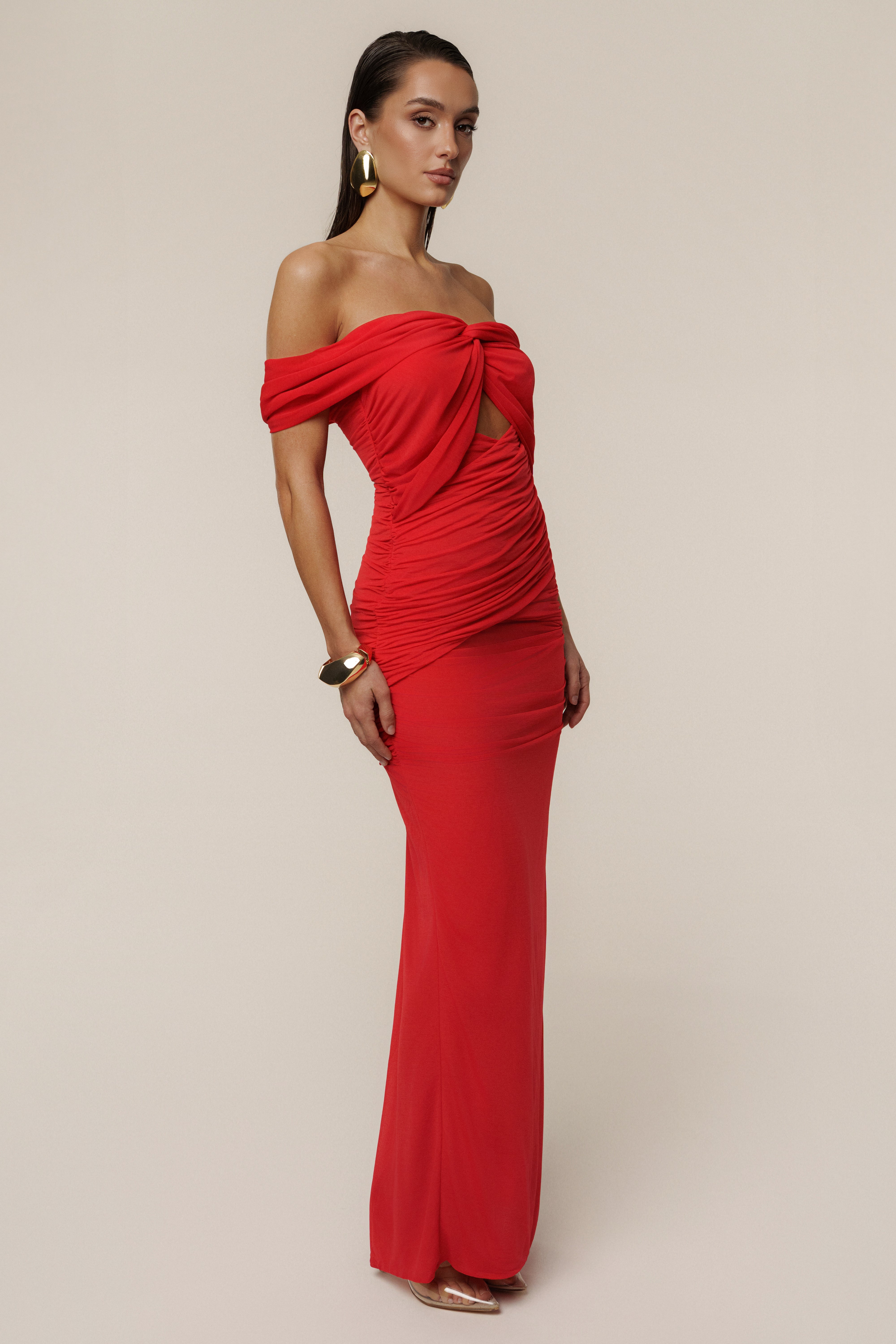 Red Alessandra Off Shoulder Maxi Dress - JLUXLABEL