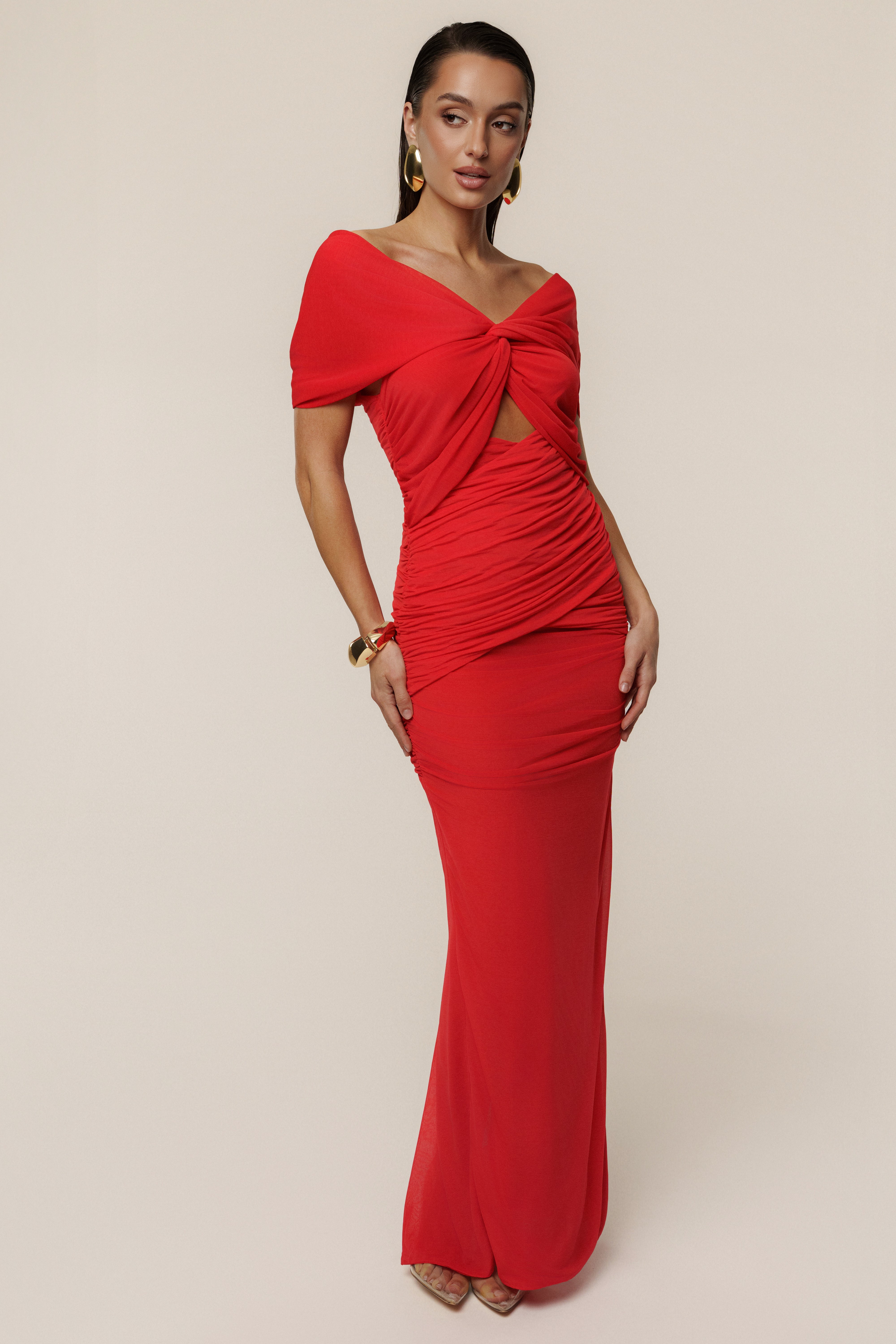 Red Alessandra Off Shoulder Maxi Dress - JLUXLABEL