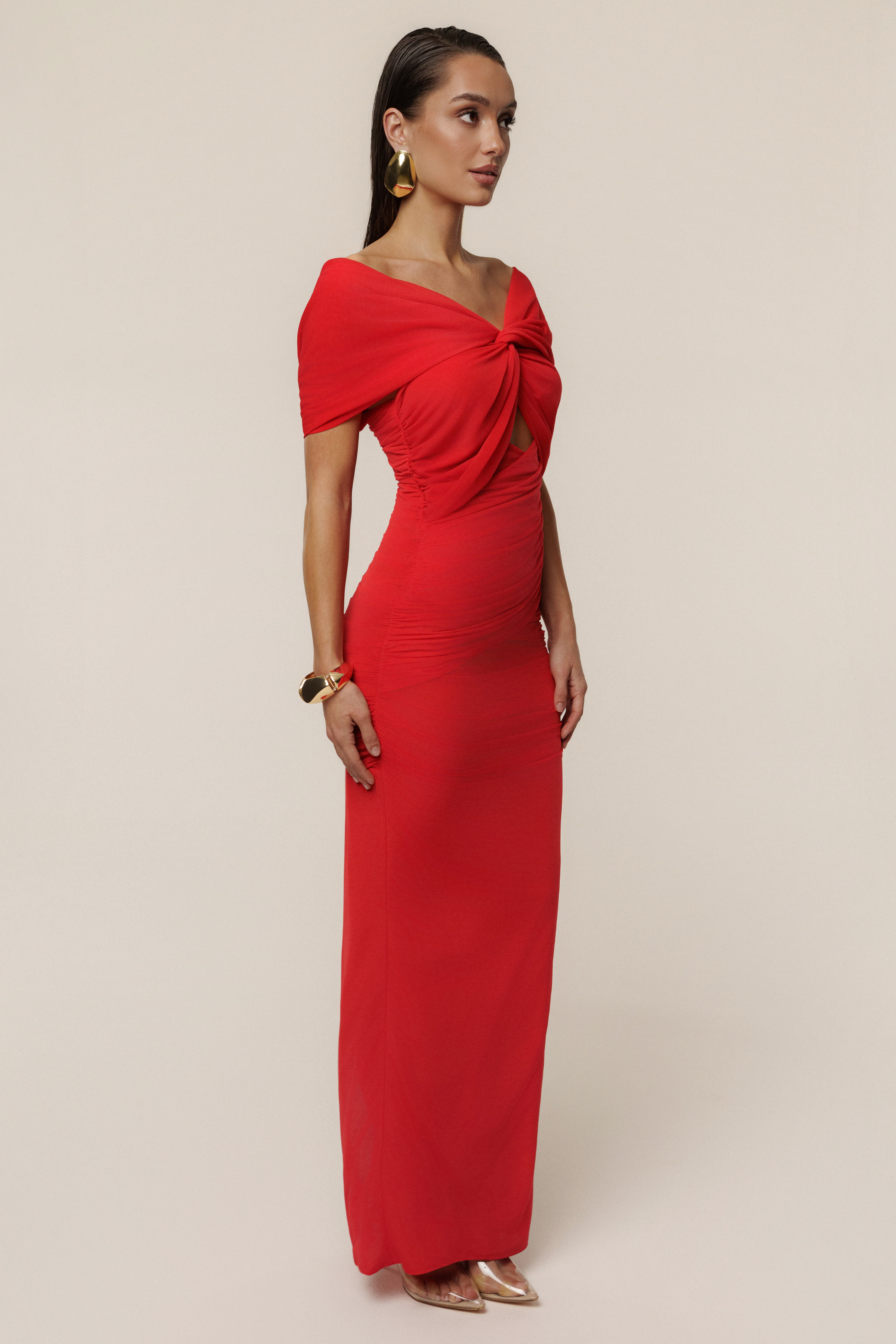 Red Alessandra Off Shoulder Maxi Dress - JLUXLABEL