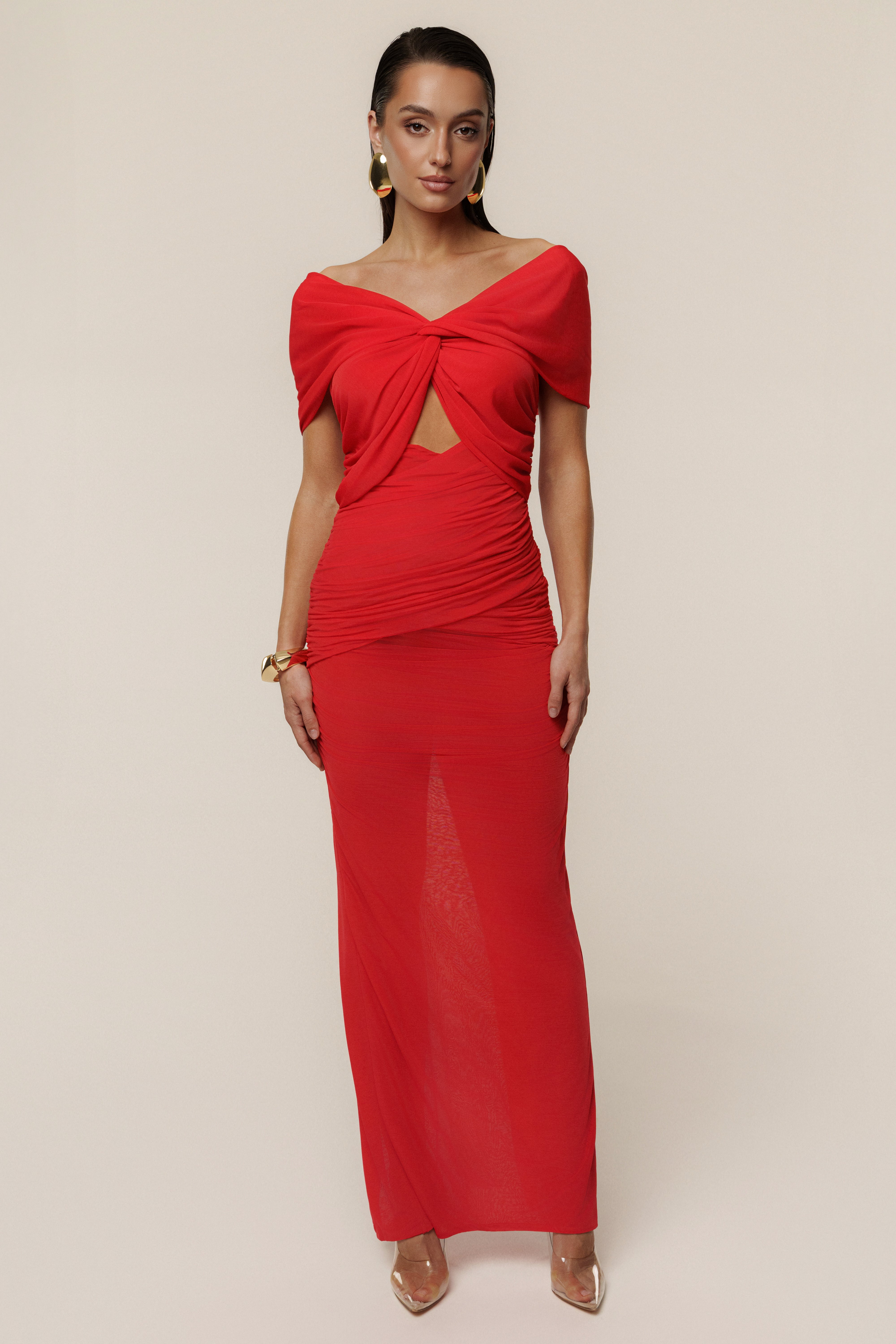 Red Alessandra Off Shoulder Maxi Dress - JLUXLABEL