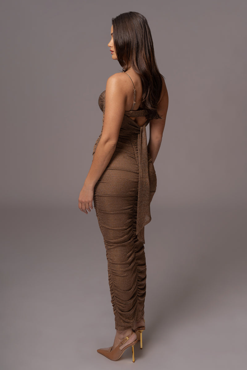 Bronze Ruched Metallic Maxi Dress