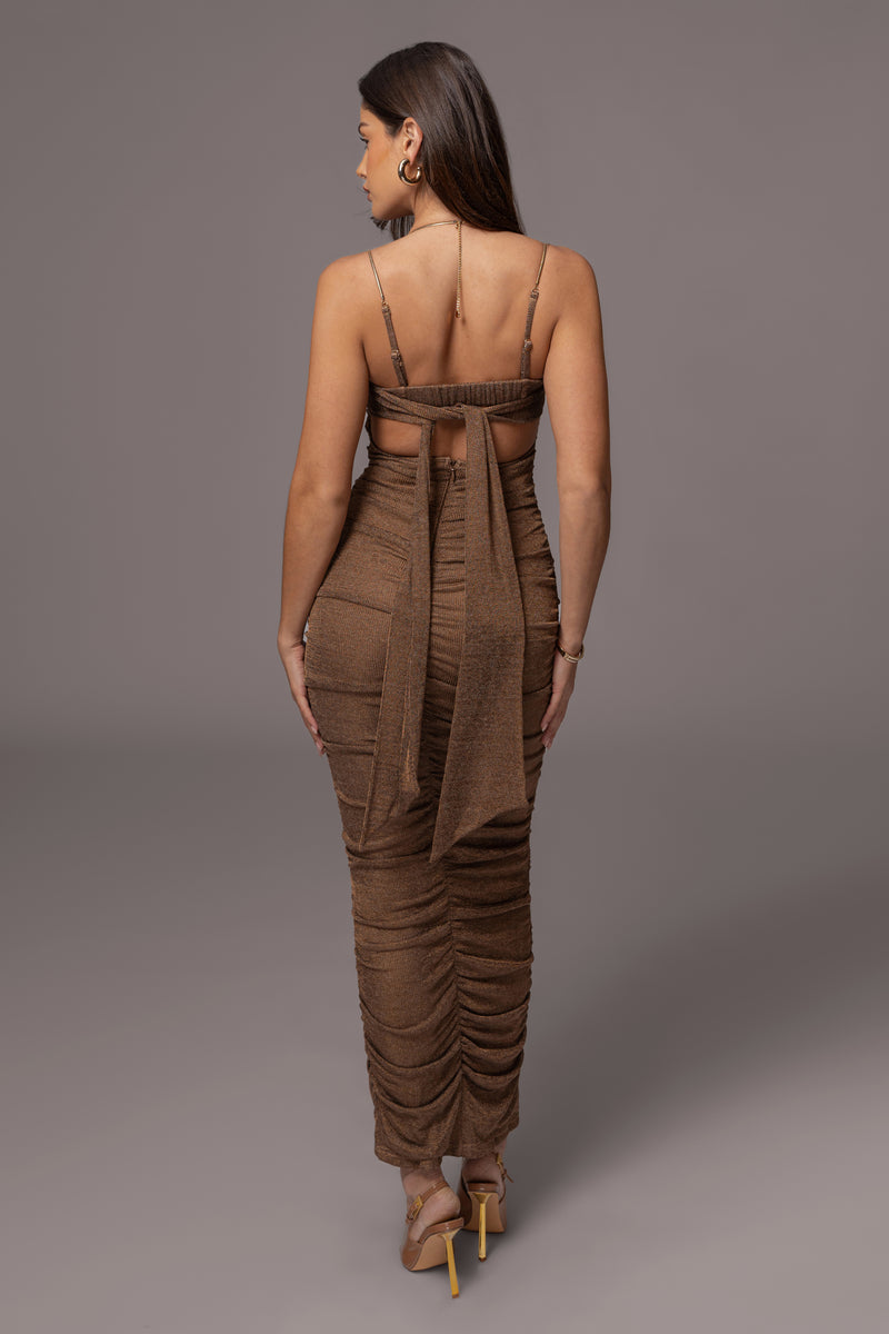 Bronze Ruched Metallic Maxi Dress