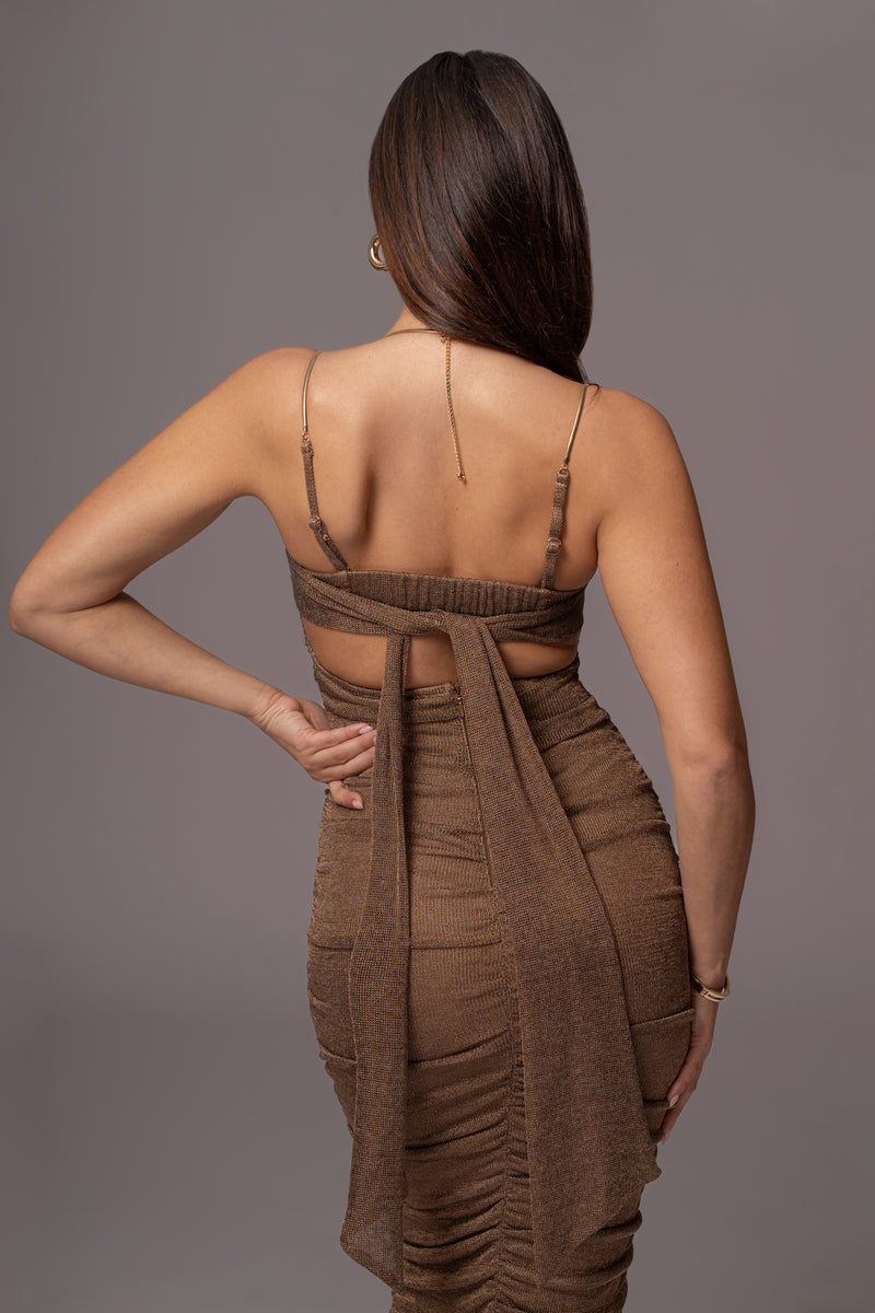 Bronze Ruched Metallic Maxi Dress