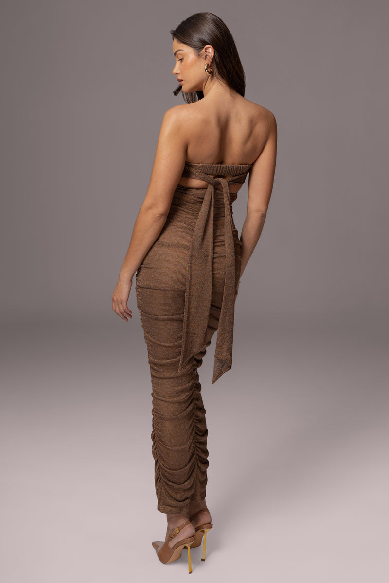 Bronze Ruched Metallic Maxi Dress