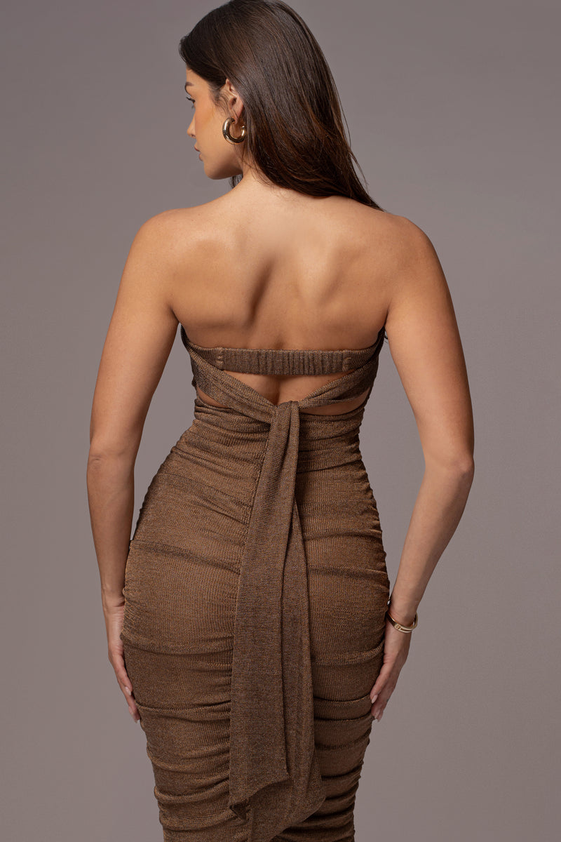 Bronze Ruched Metallic Maxi Dress