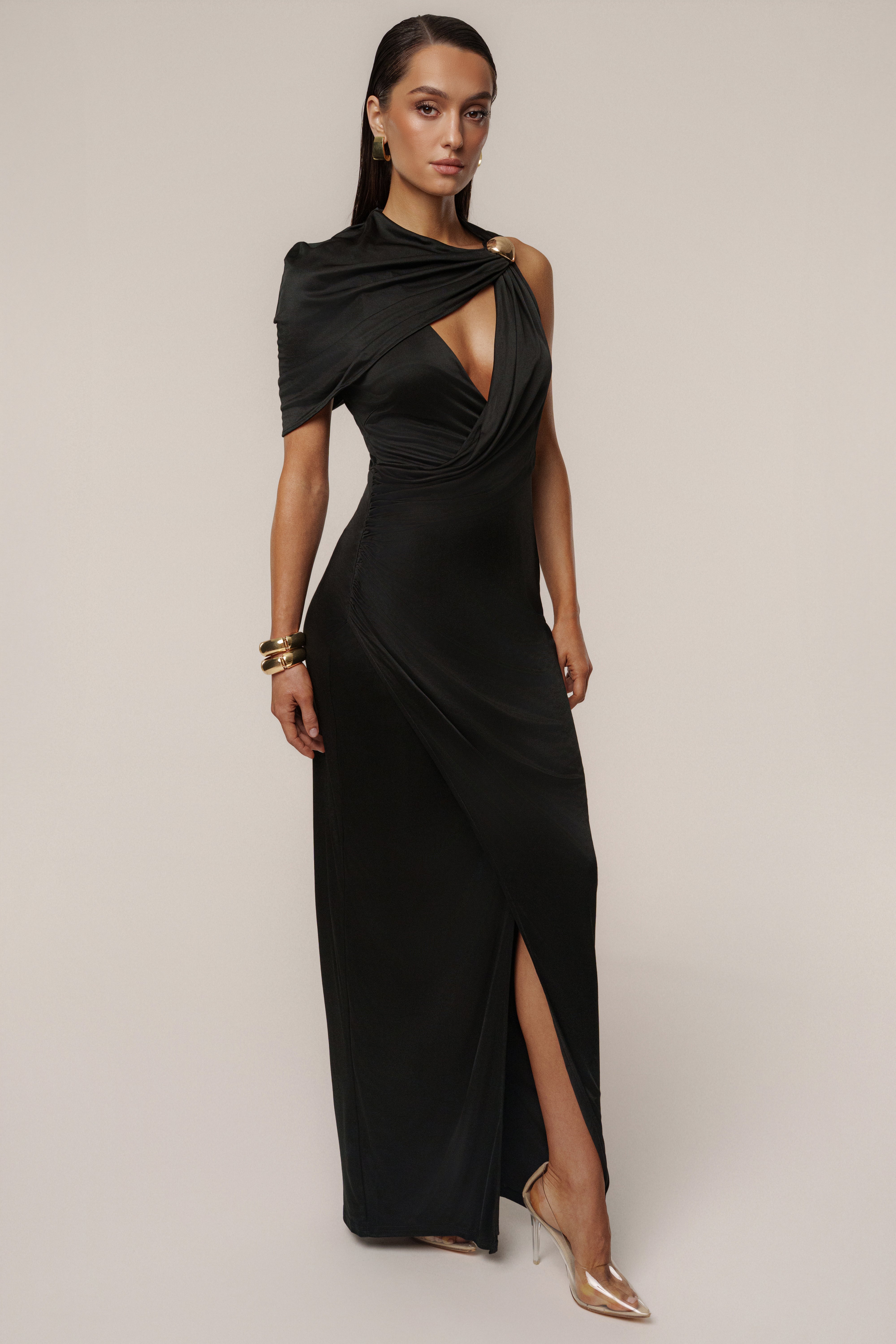 Black Enchanted Drape Maxi Dress - JLUXLABEL