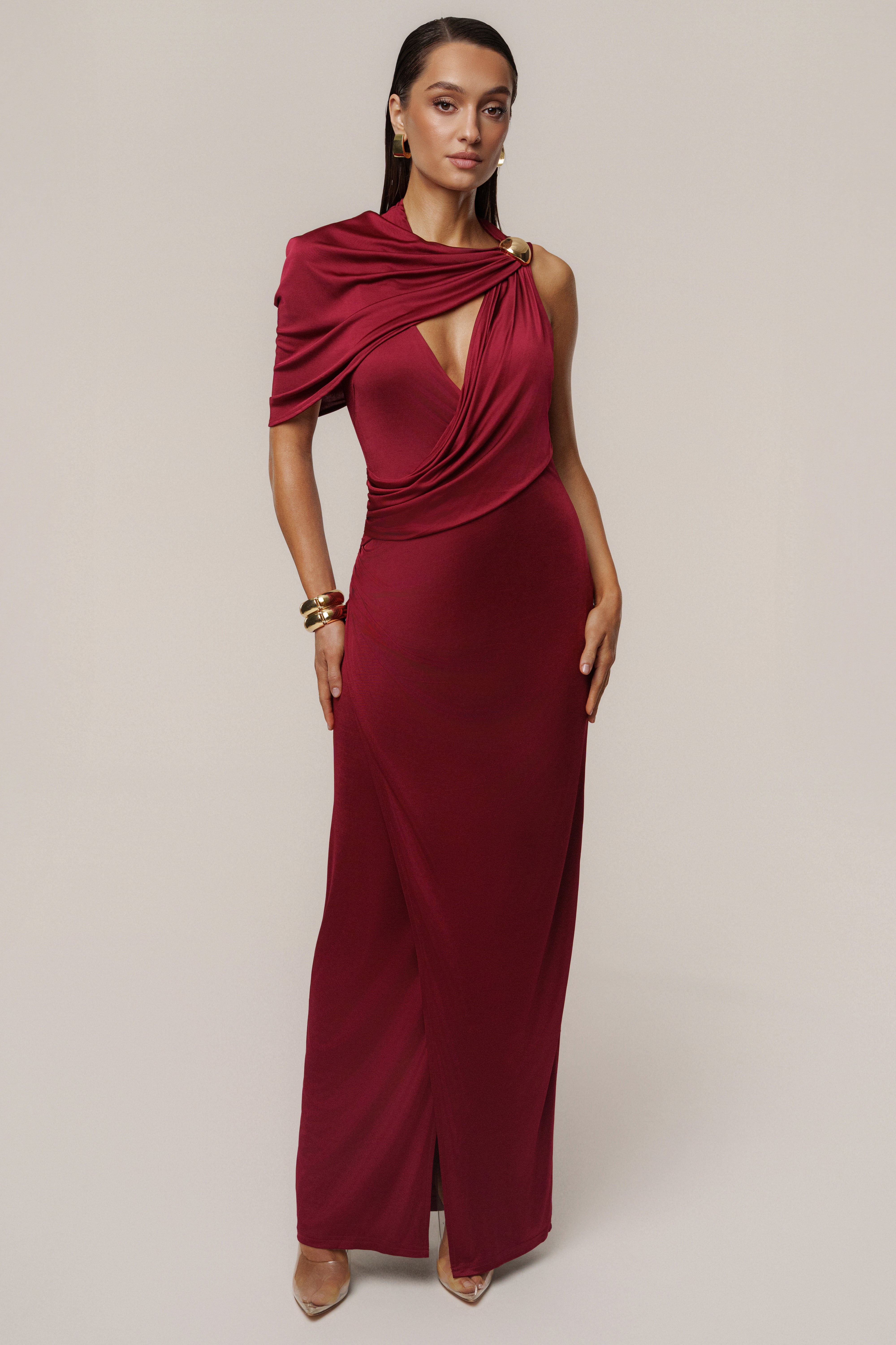 Burgundy Enchanted Drape Maxi Dress - JLUXLABEL