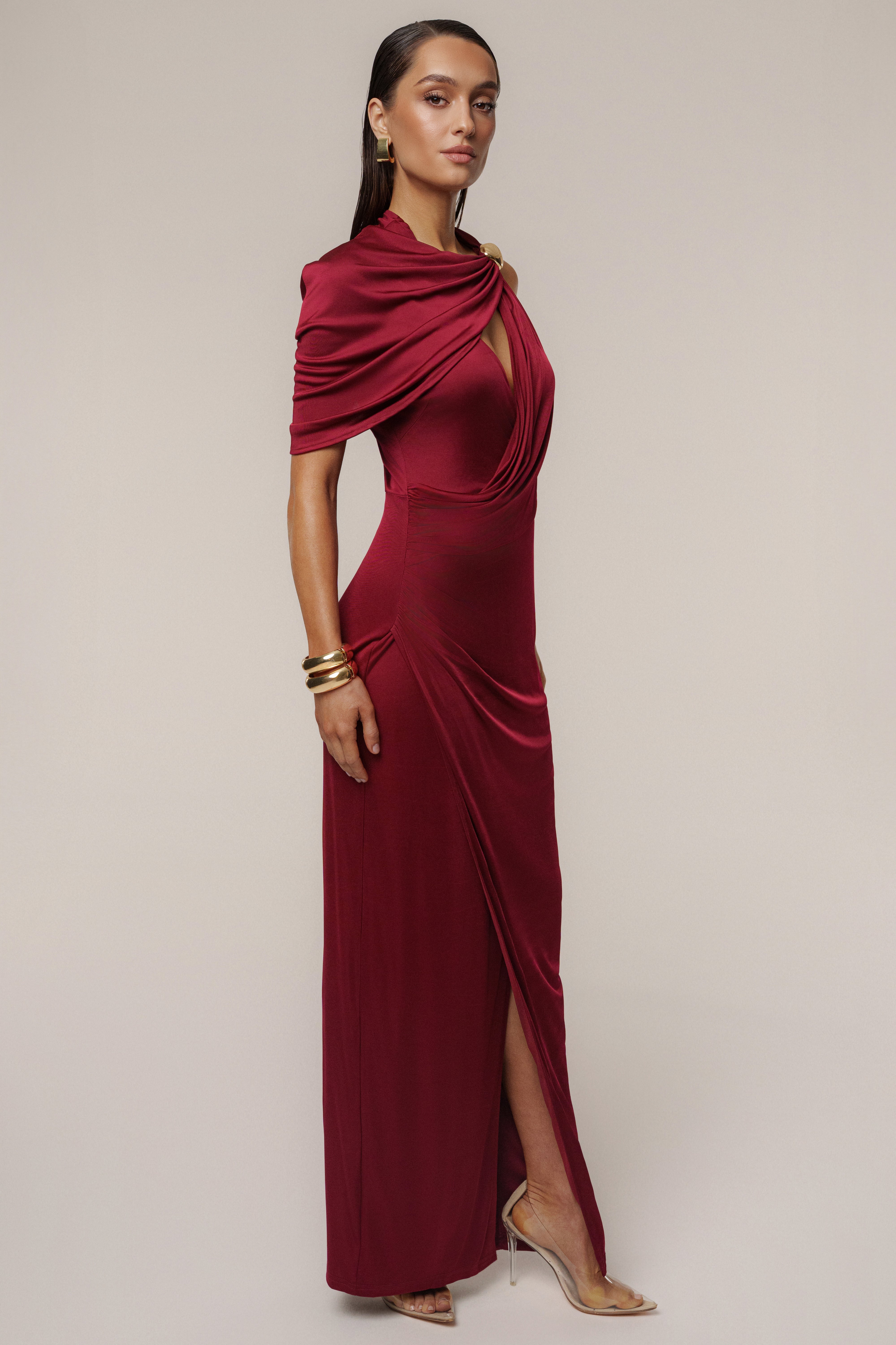 Burgundy Enchanted Drape Maxi Dress - JLUXLABEL