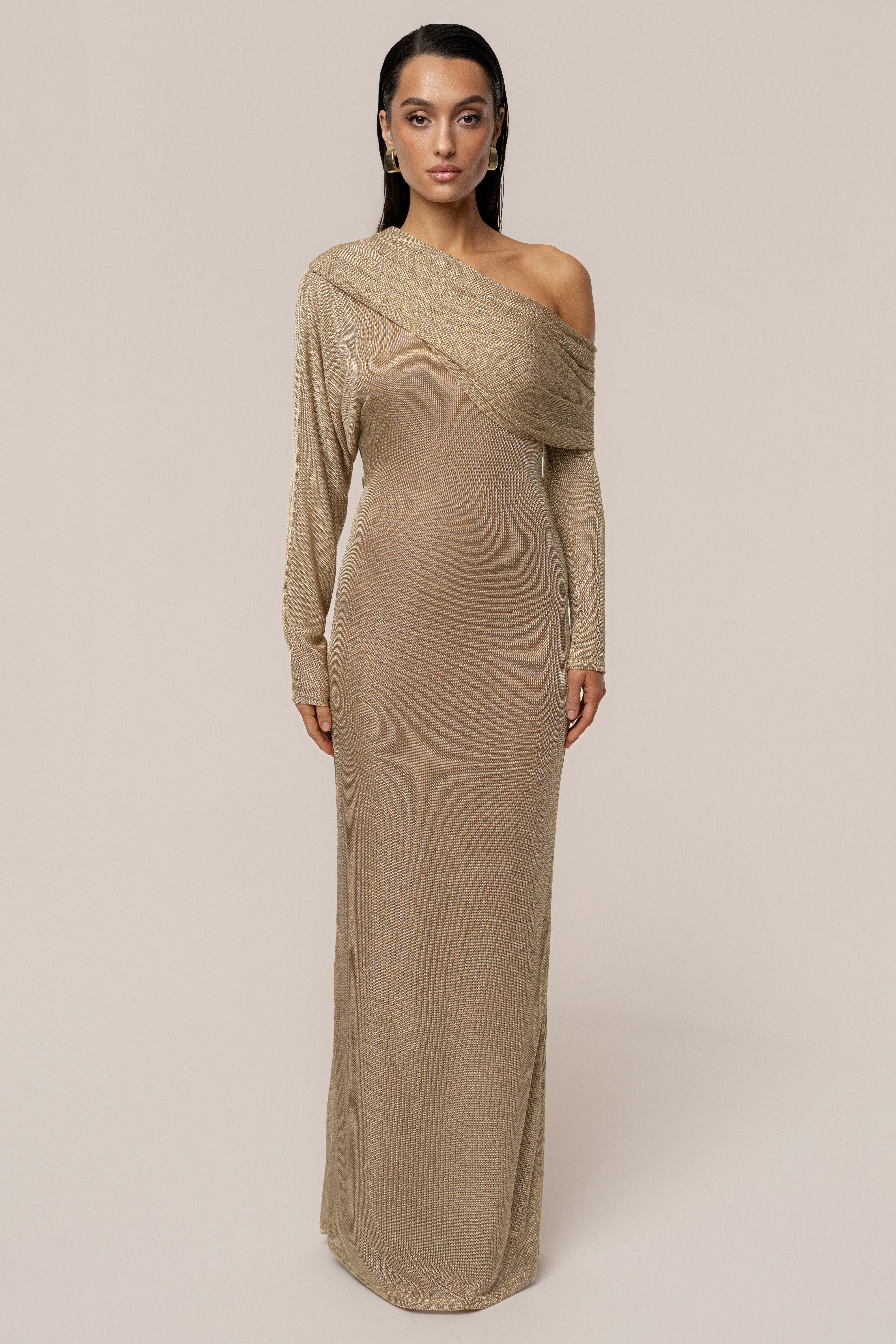 Gold Drape And Shine Maxi Dress - JLUXLABEL