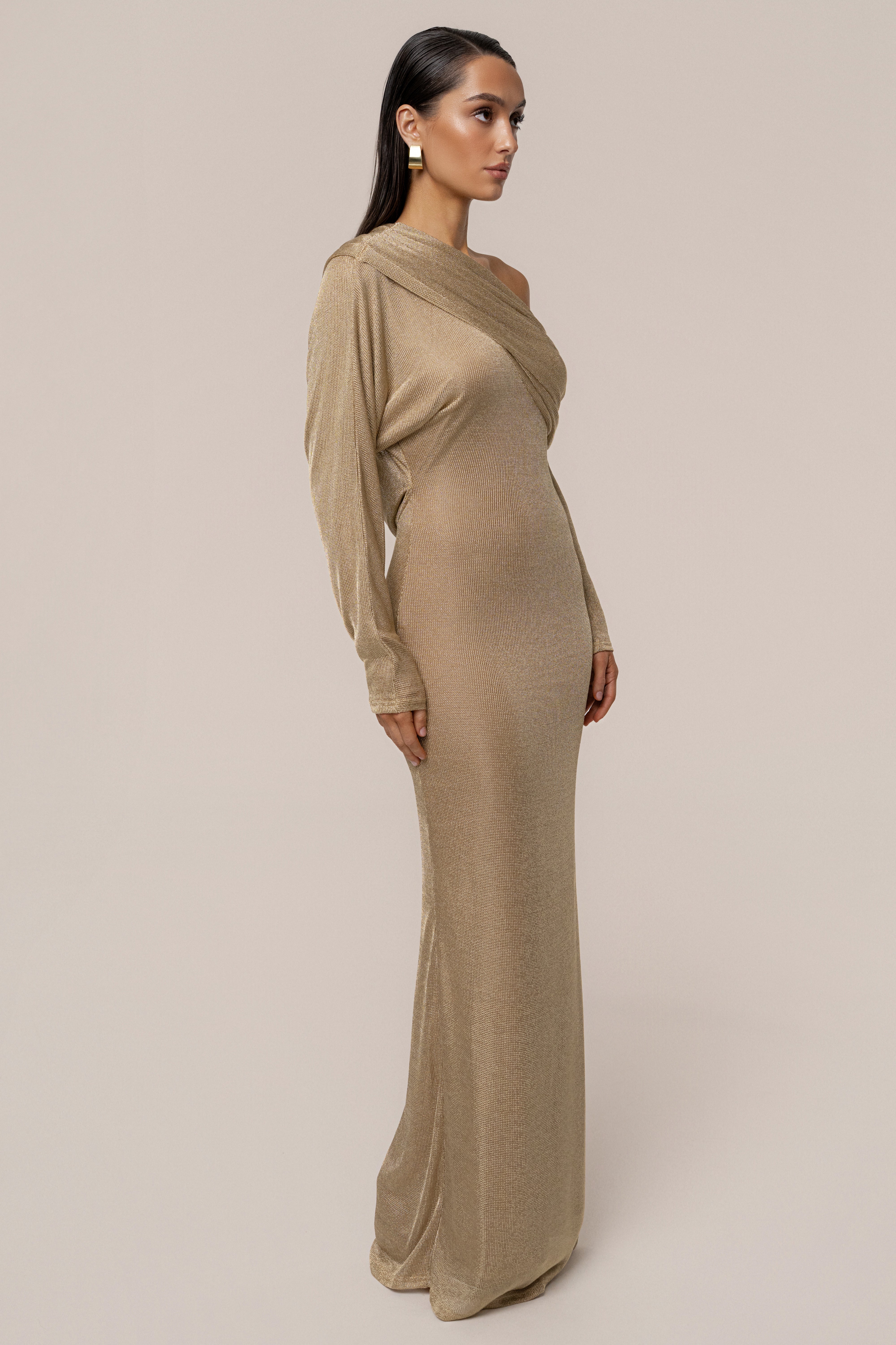 Gold Drape And Shine Maxi Dress - JLUXLABEL