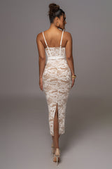 White Mesh and Lace Bustier Midi Dress - JLUXLABEL