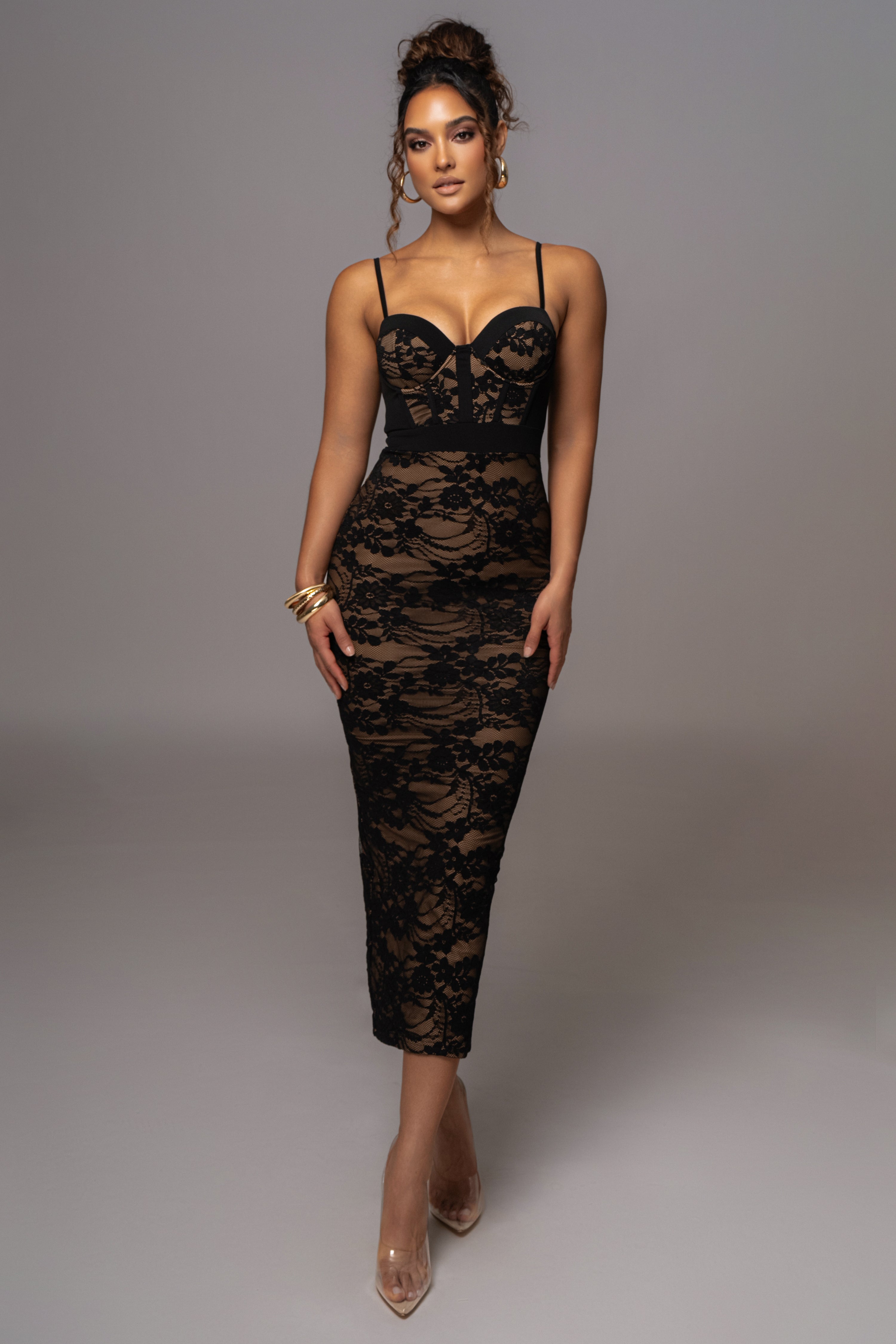 Black Mesh and Lace Bustier Midi Dress - JLUXLABEL