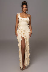Cream Brenna Ruffle Maxi Dress - JLUXLABEL