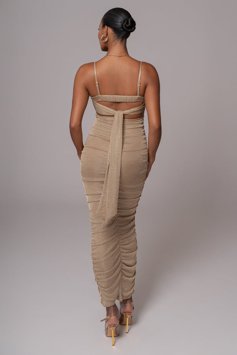 Gold Ruched Metallic Maxi Dress