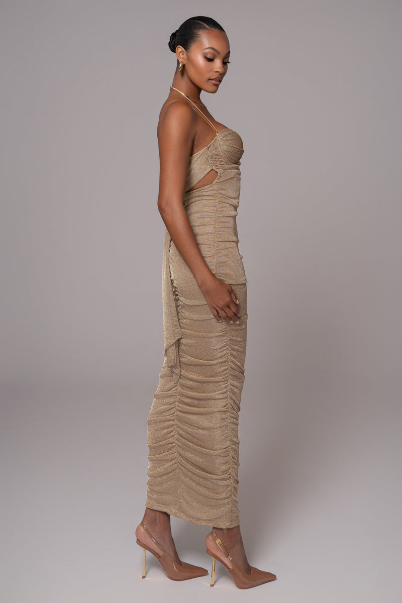 Gold Ruched Metallic Maxi Dress