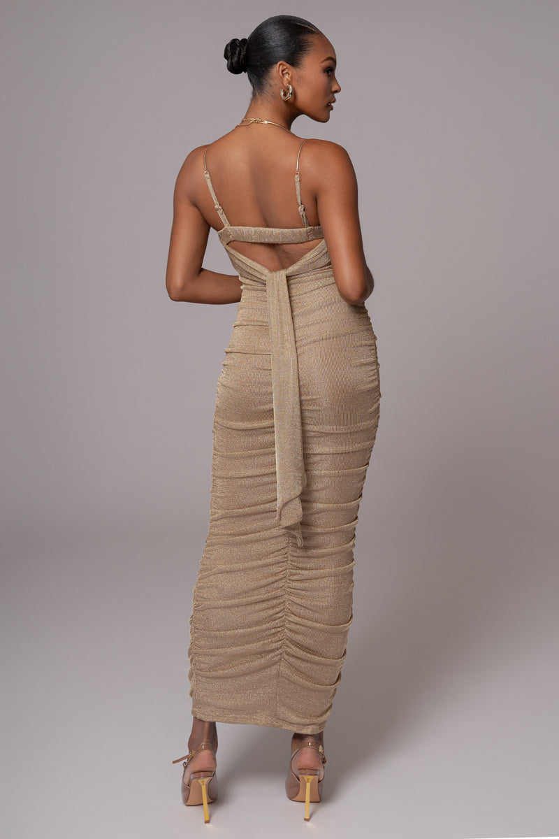 Gold Ruched Metallic Maxi Dress