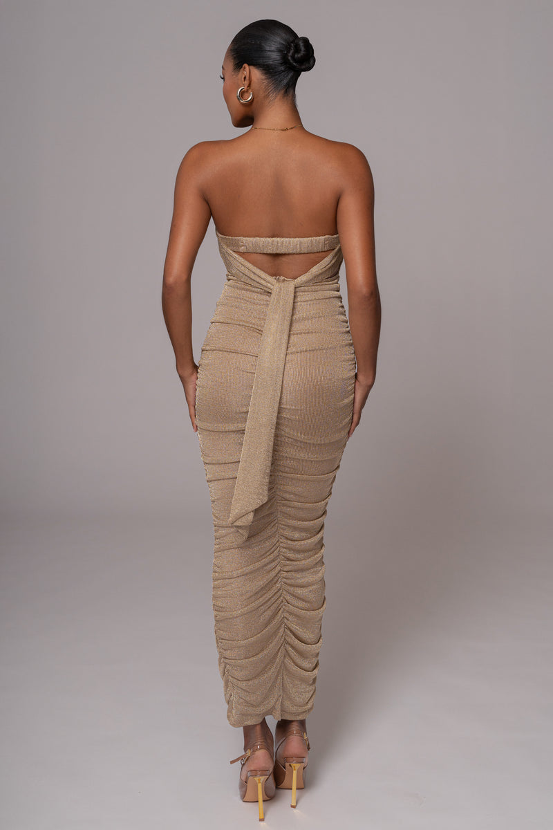 Gold Ruched Metallic Maxi Dress