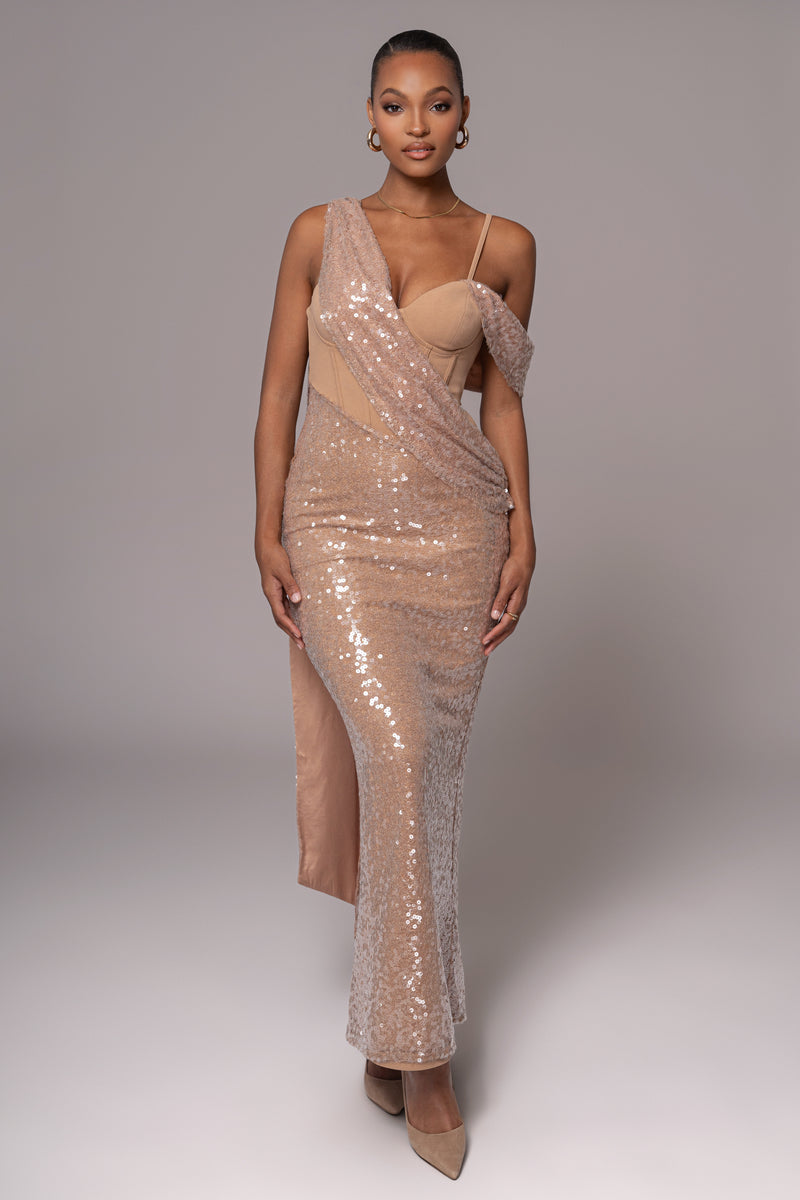 Tan Amani Draped Sequin Maxi Dress