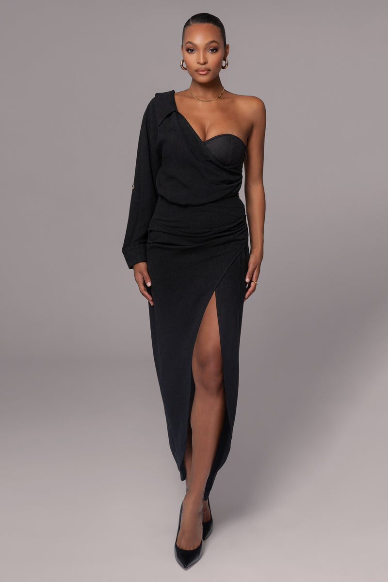 Black Evita Linen Draped Dress