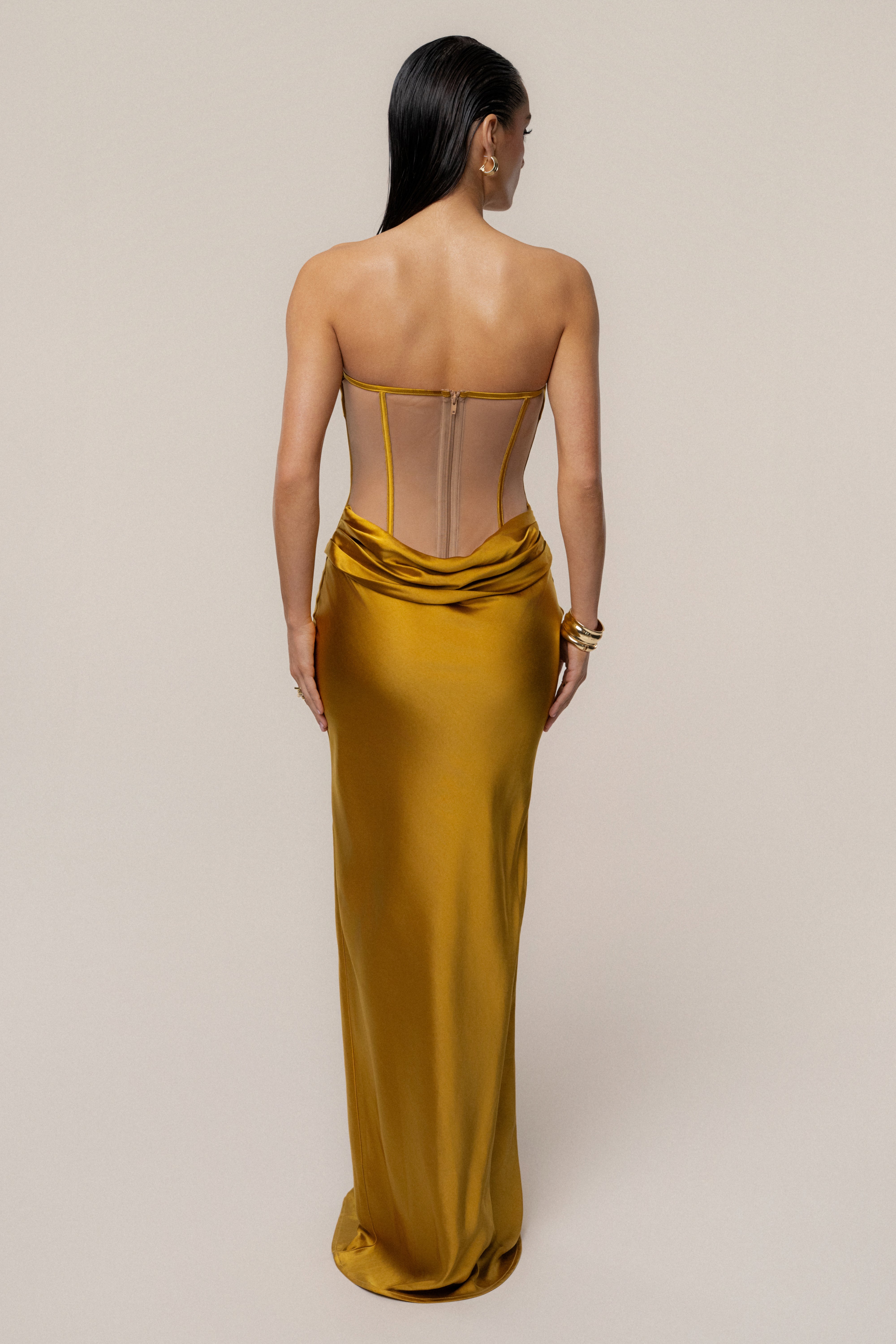 PRE-ORDER Gold Regal Rising Satin Maxi Dress