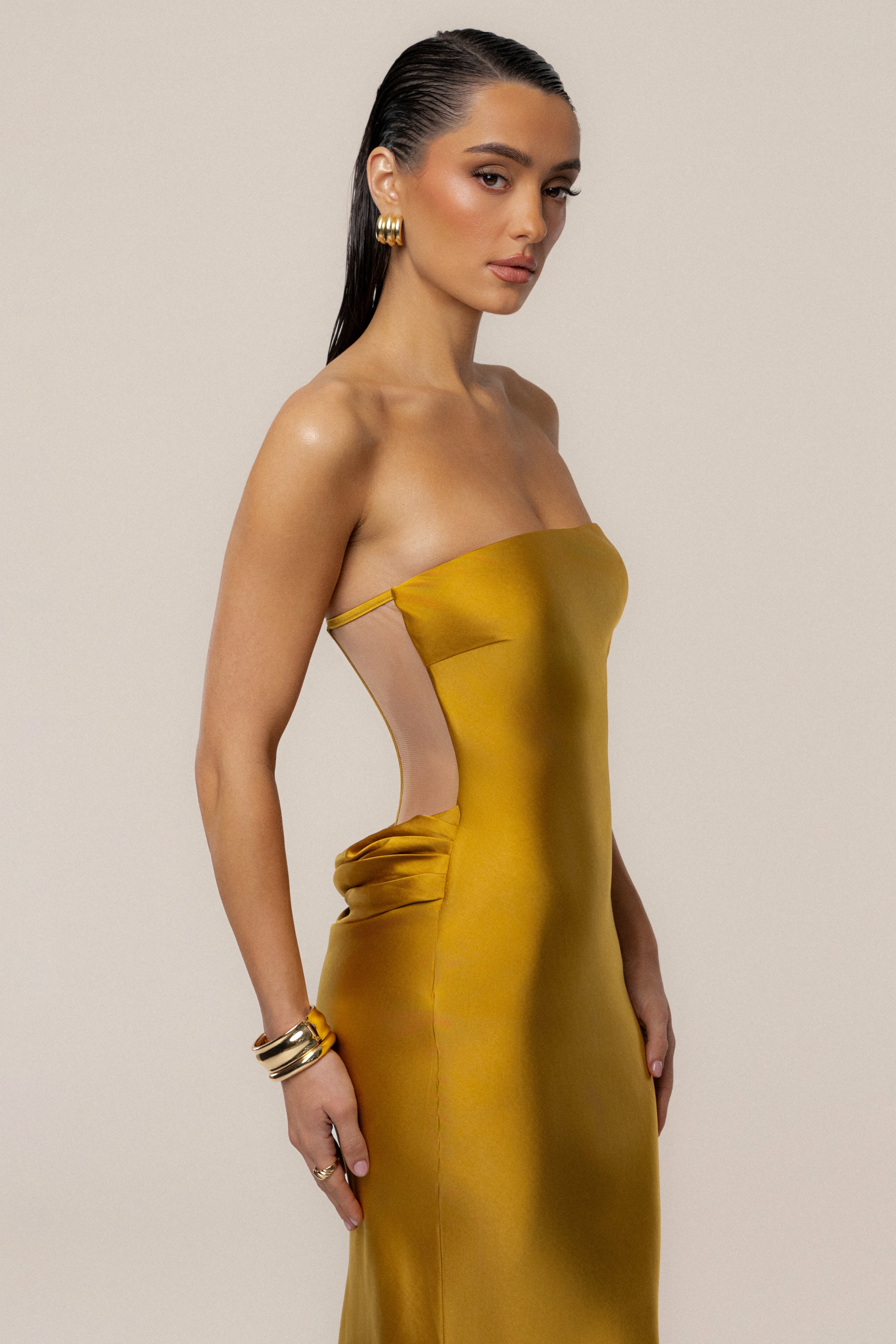 PRE-ORDER Gold Regal Rising Satin Maxi Dress