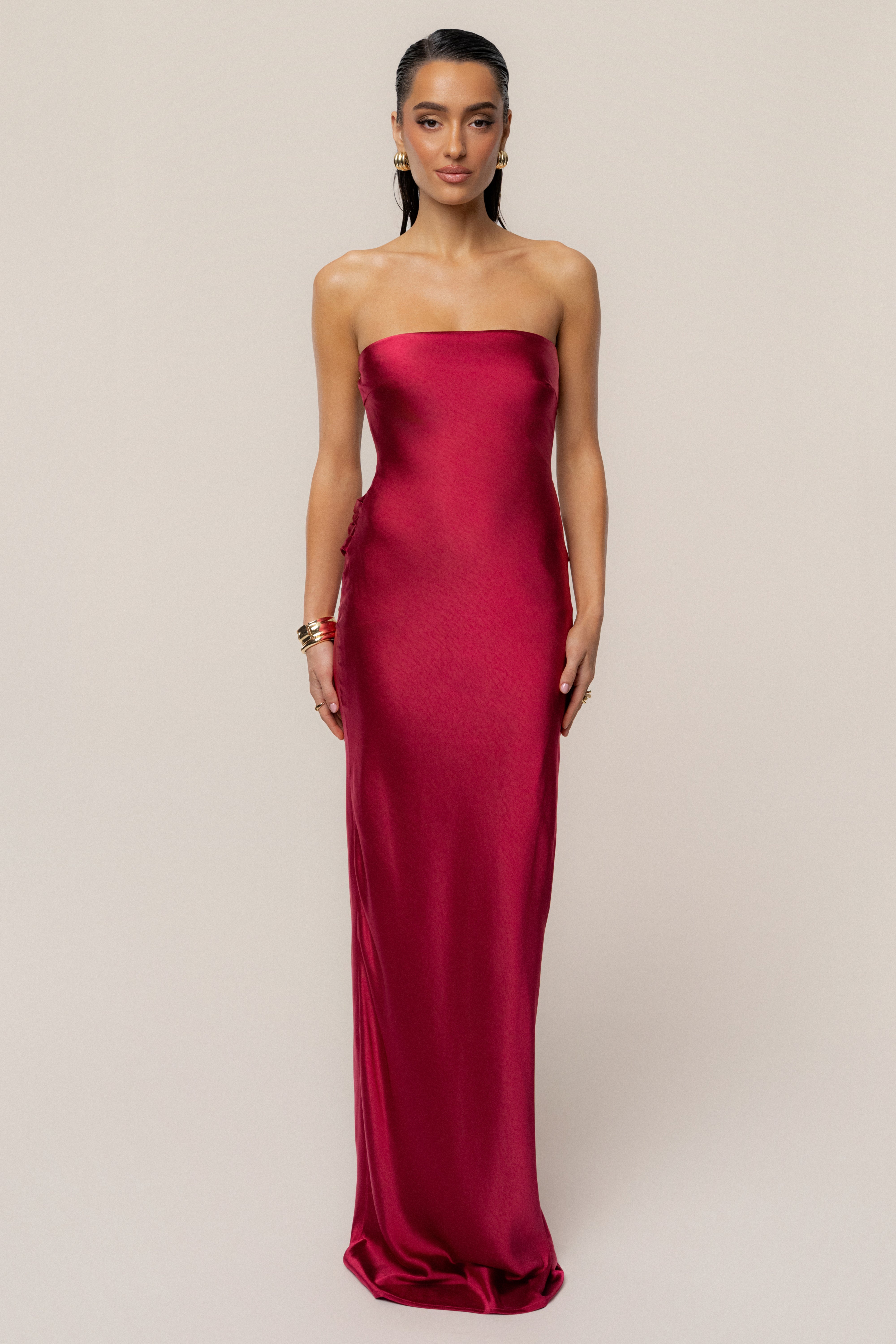 PRE-ORDER Red Regal Rising Satin Maxi Dress