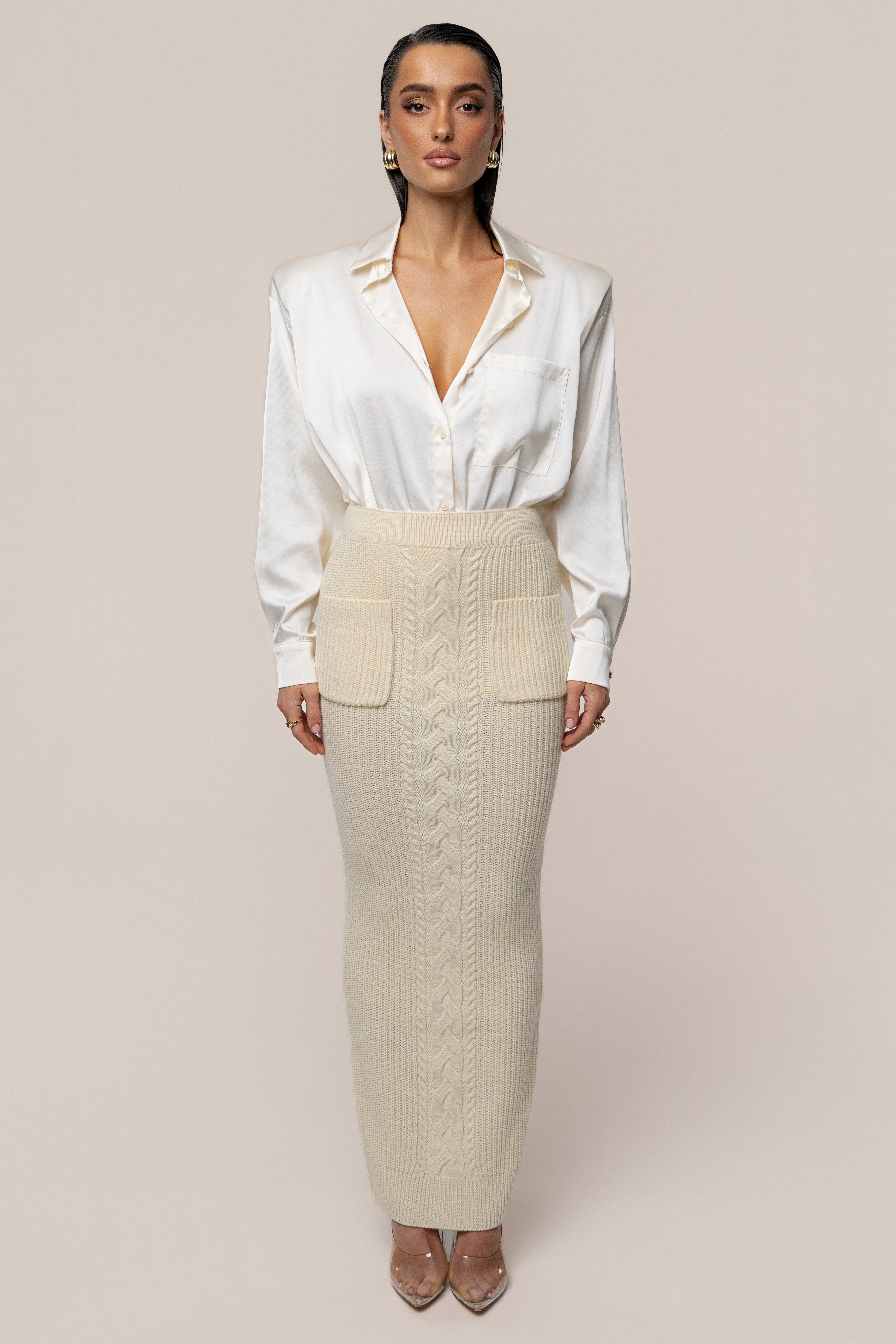 Cream Missy Cable Sweater Midi Skirt