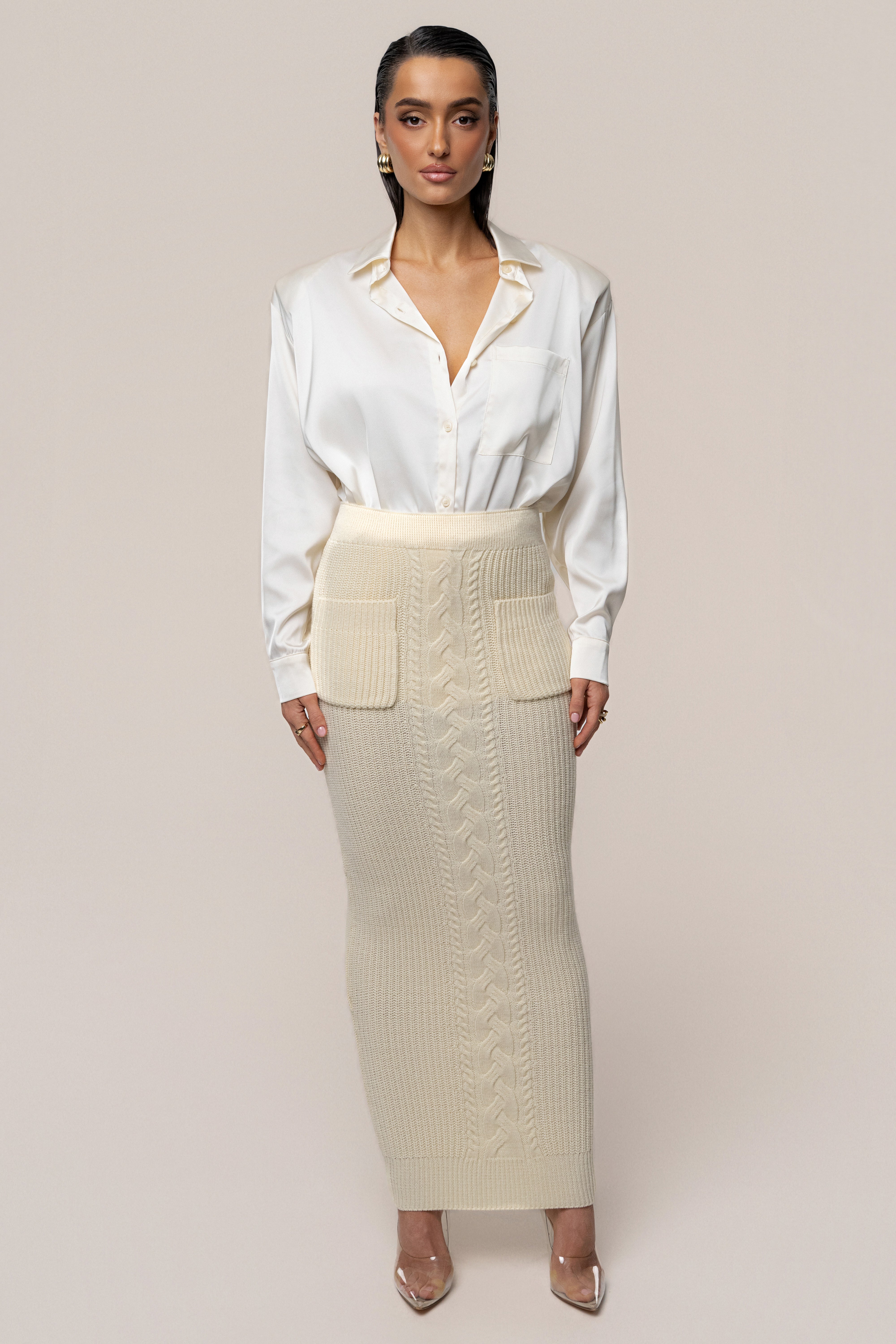Cream Missy Cable Sweater Midi Skirt
