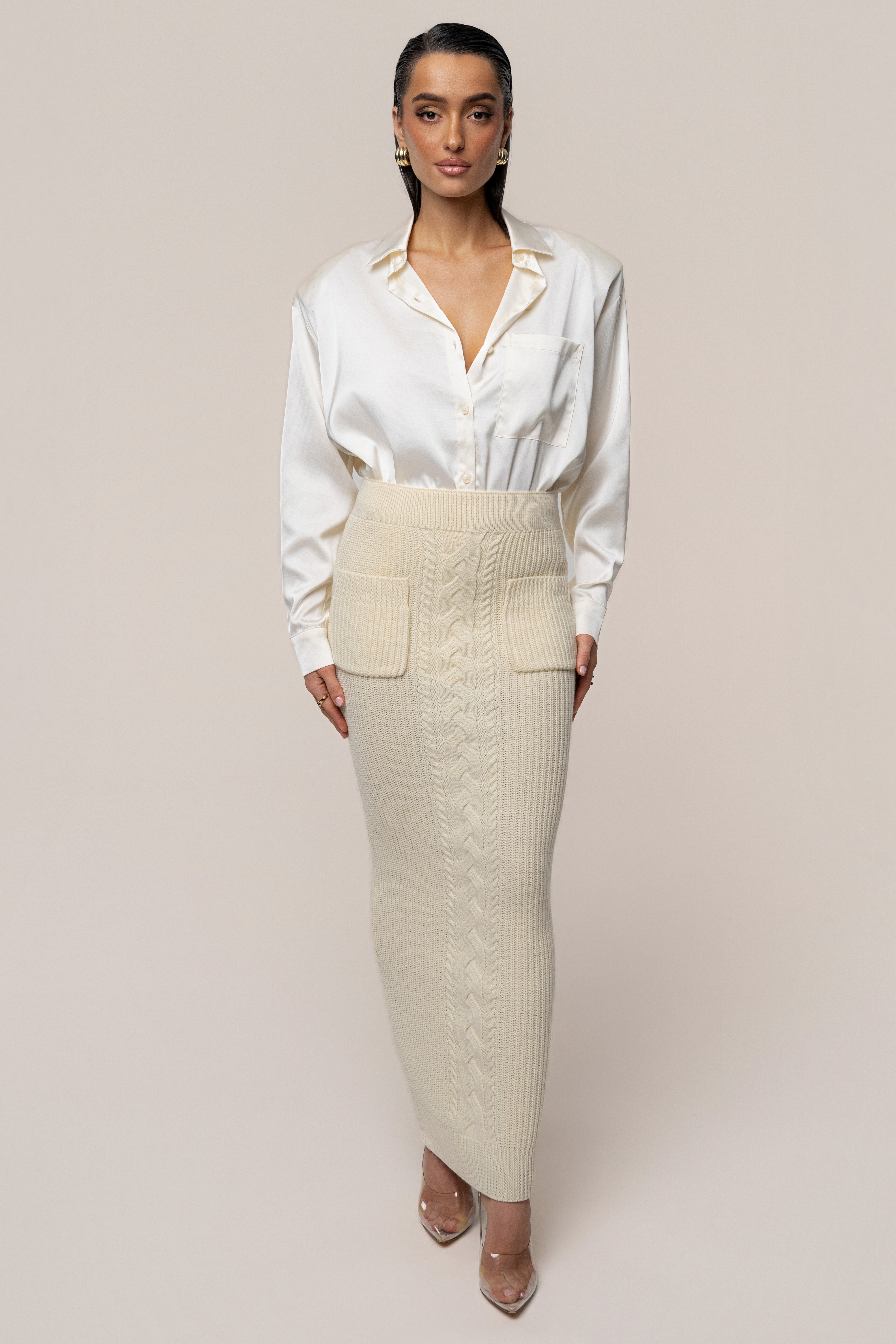 Cream Missy Cable Sweater Midi Skirt